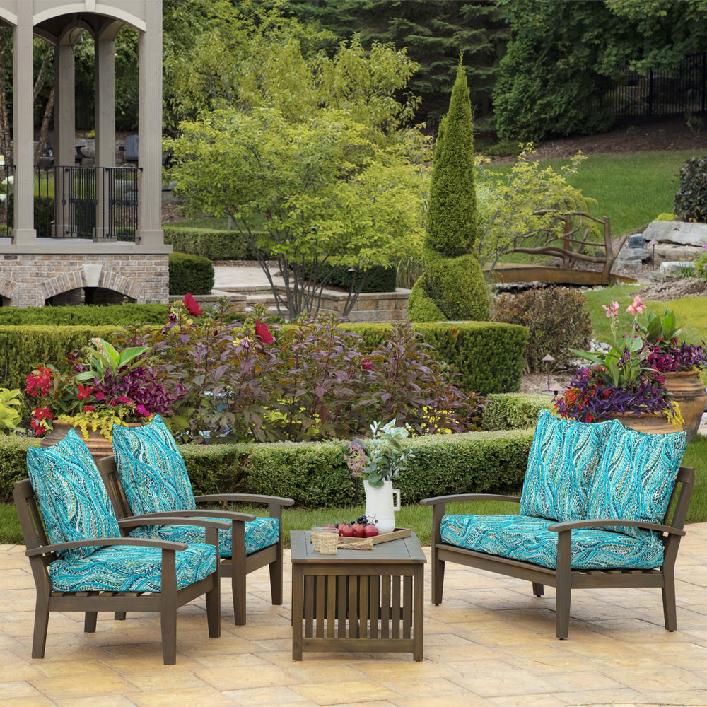 Arden Selections tie detail fastened to patio chair keeping cushions stable in wind