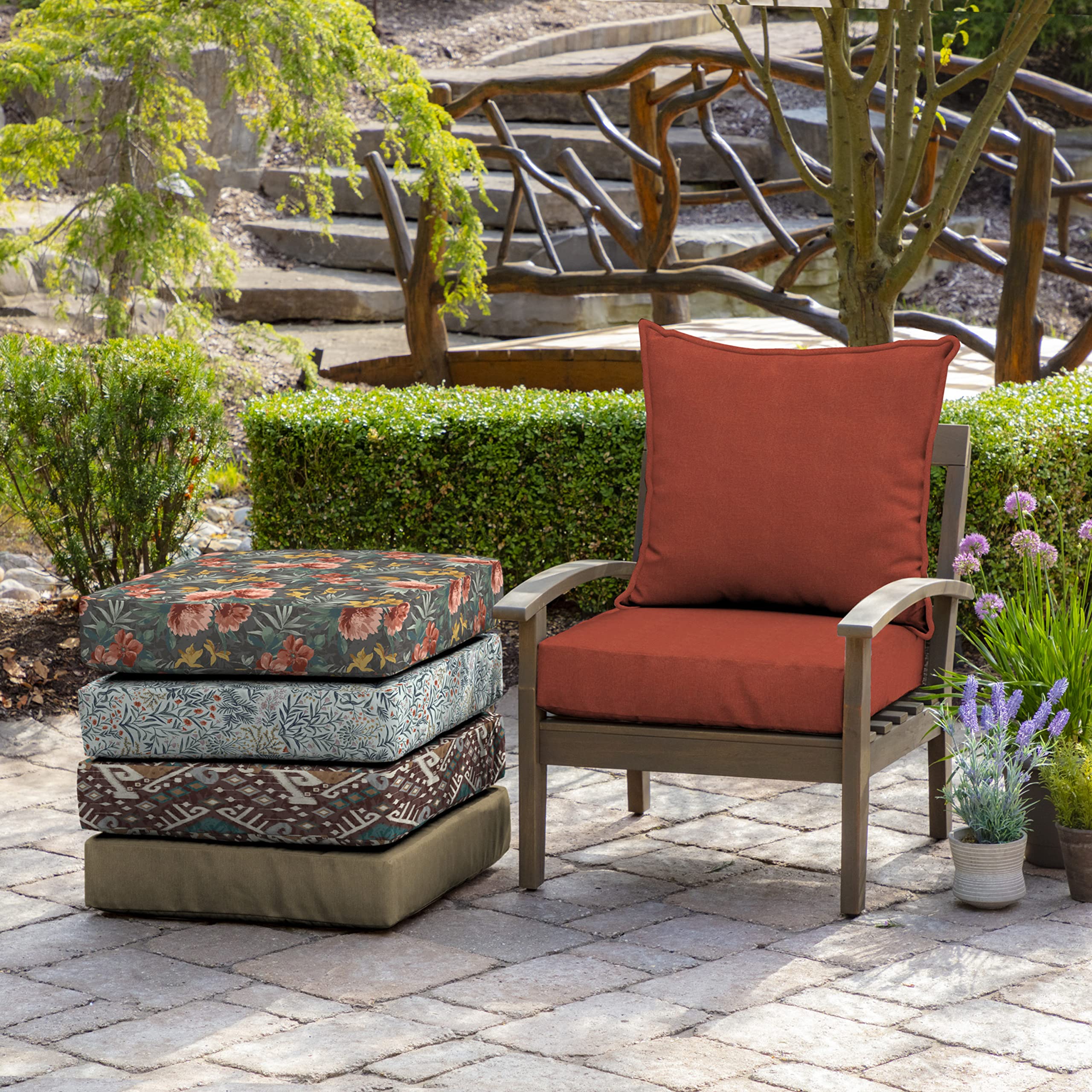 Arden Selections cushions styled on patio sofa demonstrating cohesive outdoor look