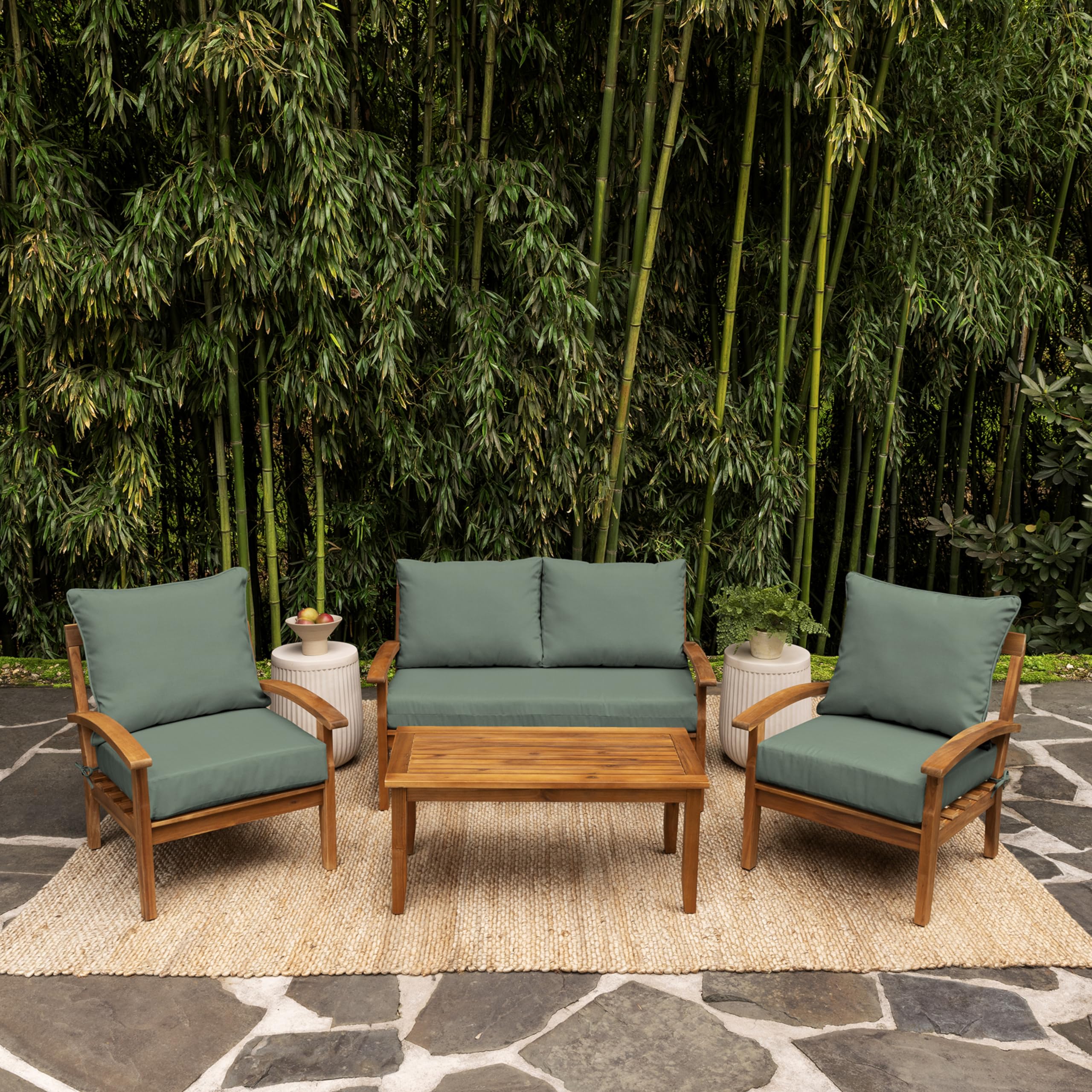 Arden Selections cushion set on porch swing demonstrating outdoor use comfort
