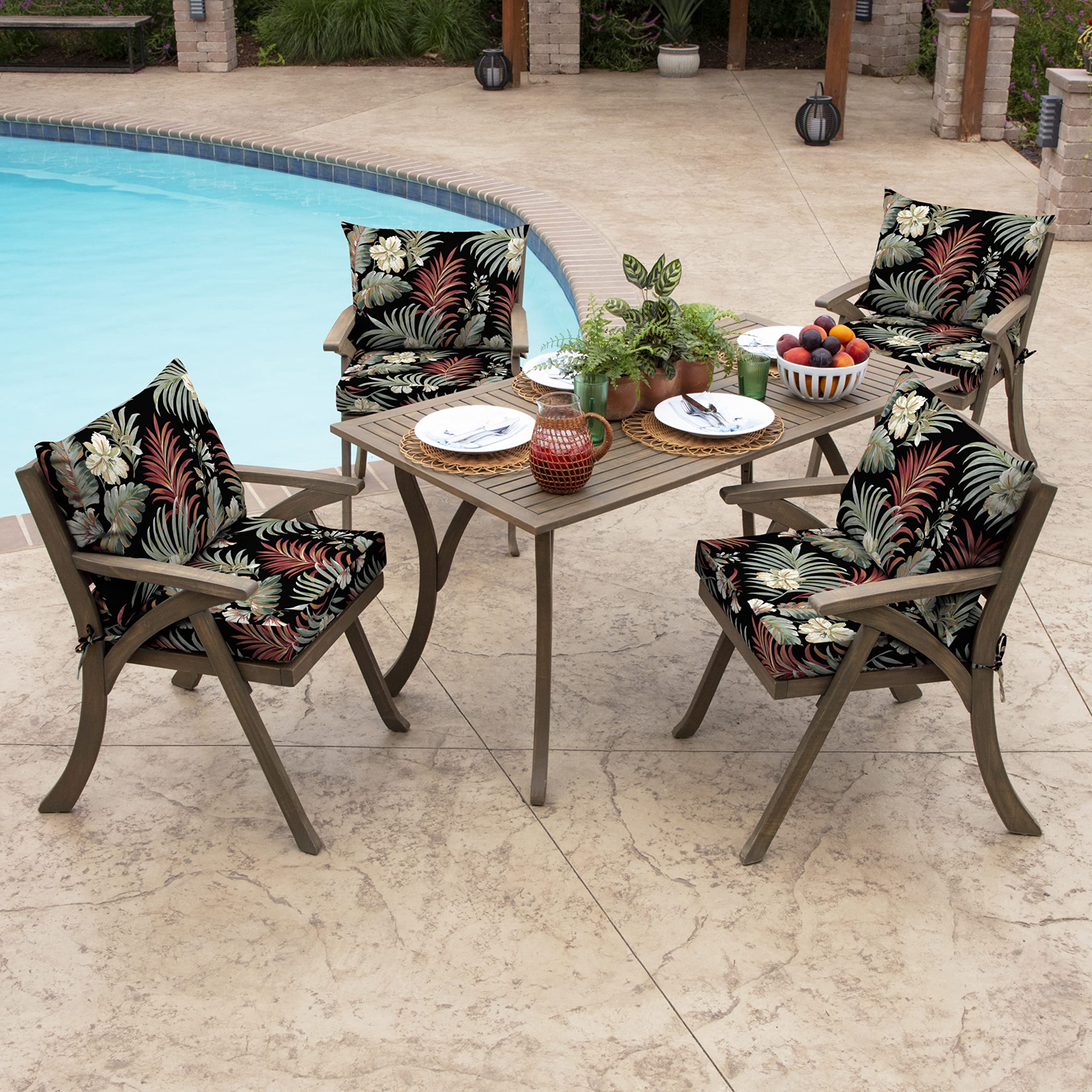 Arden Selections cushions next to chair for scale to confirm 21 x 21 inch sizing