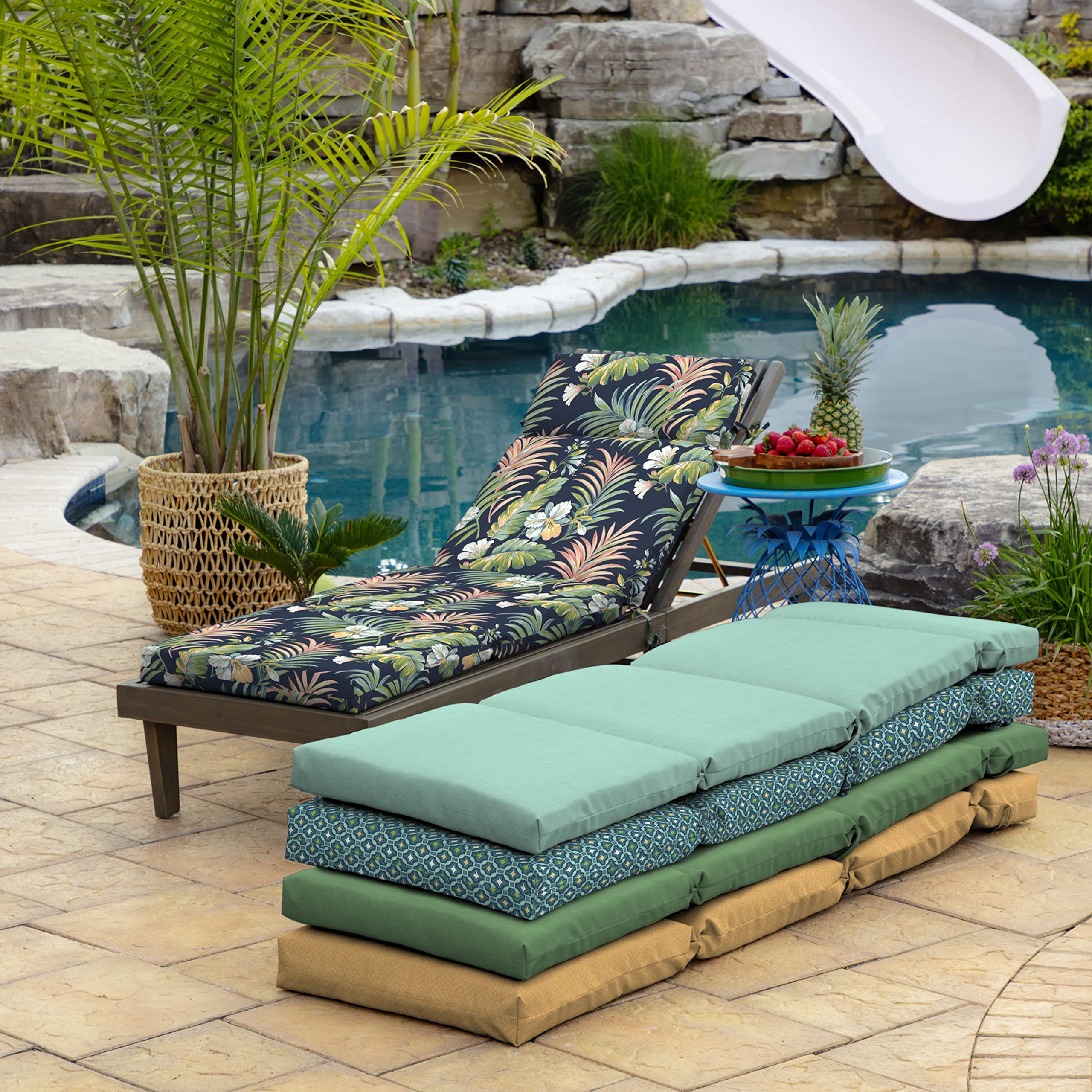Arden Selections Simone Blue Tropical on a poolside chaise showing comfortable lounging