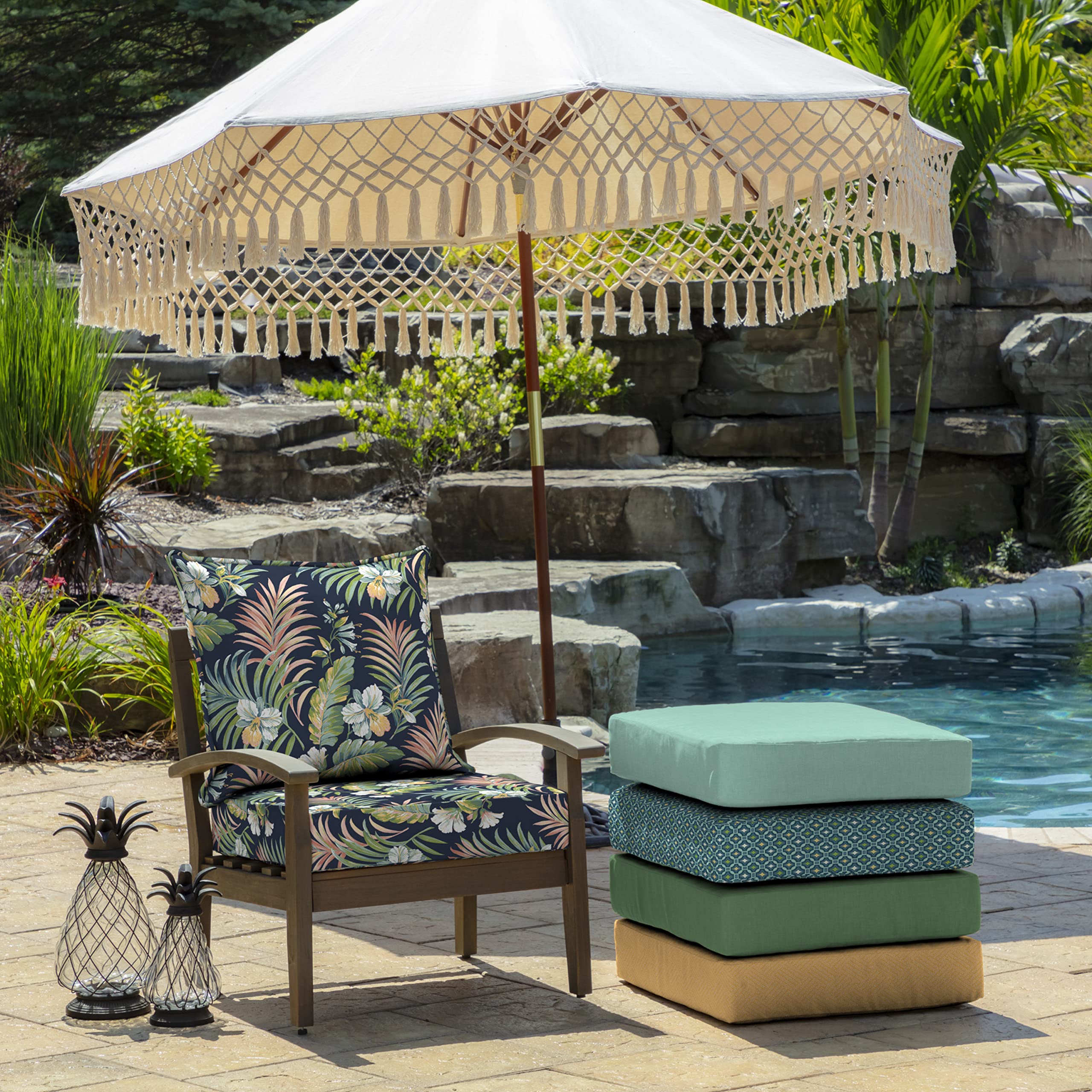 Arden Selections cushions on patio sofa in daytime showing weather-proof outdoor comfort