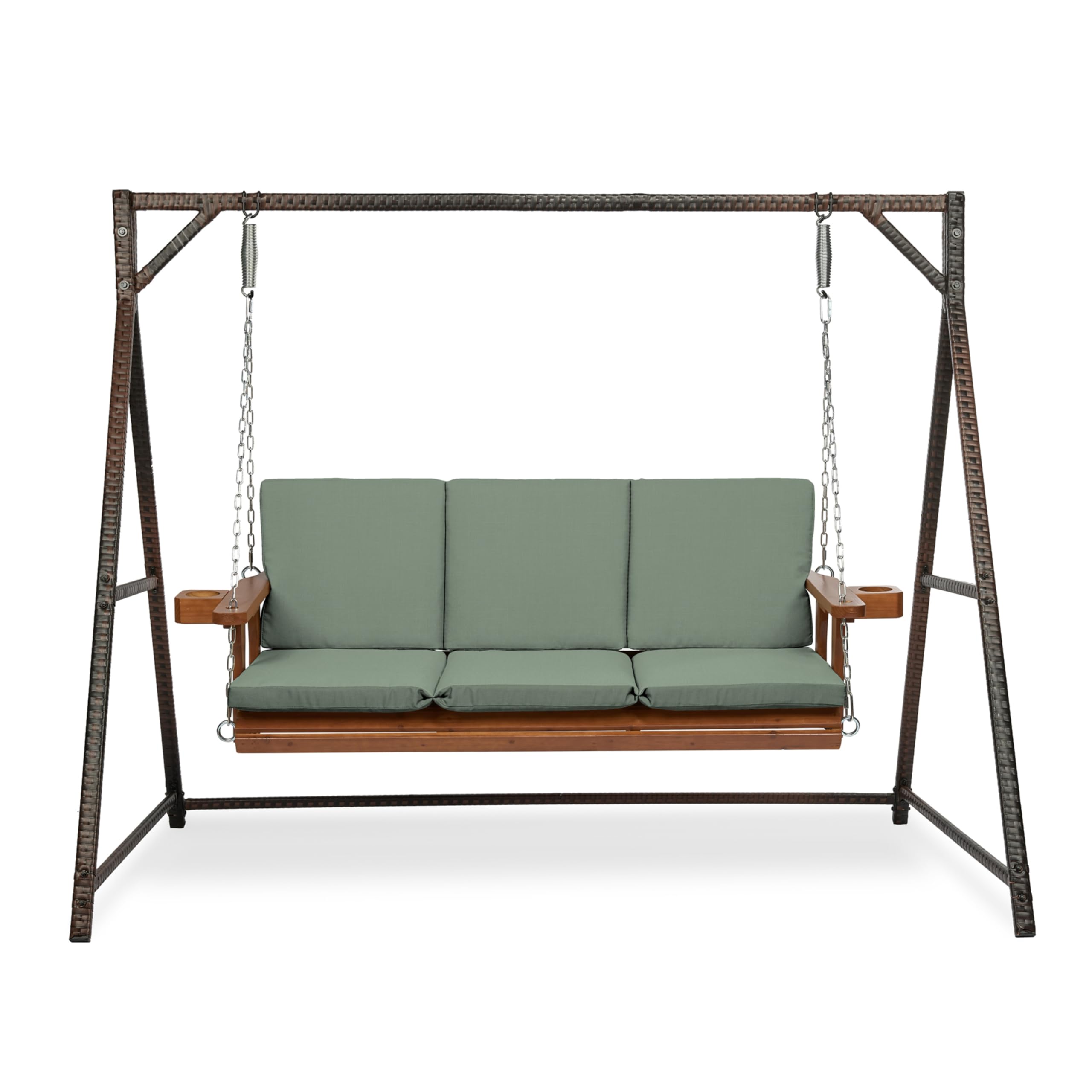 Arden Selections front view of sage green swing cushions showing fit and style benefit