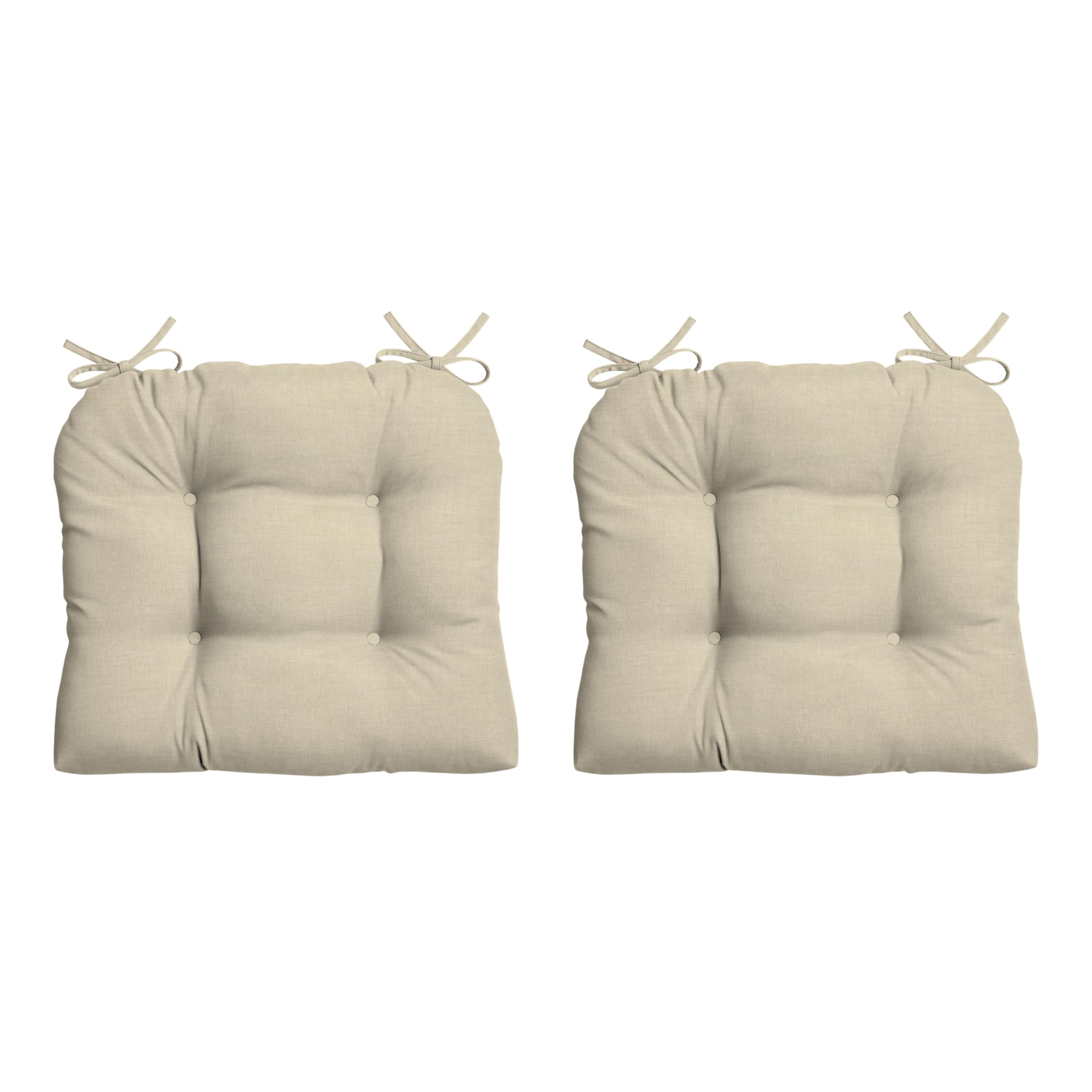 Arden Selections front view of two tan wicker chair cushions showing fit and style