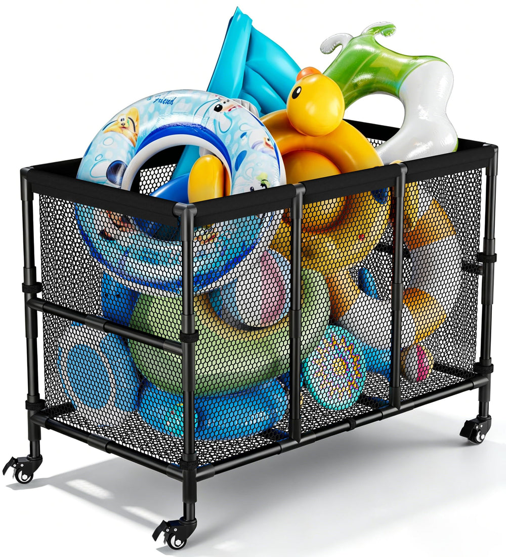 Ardier front view of large black pool storage bin showing capacity and neat organization