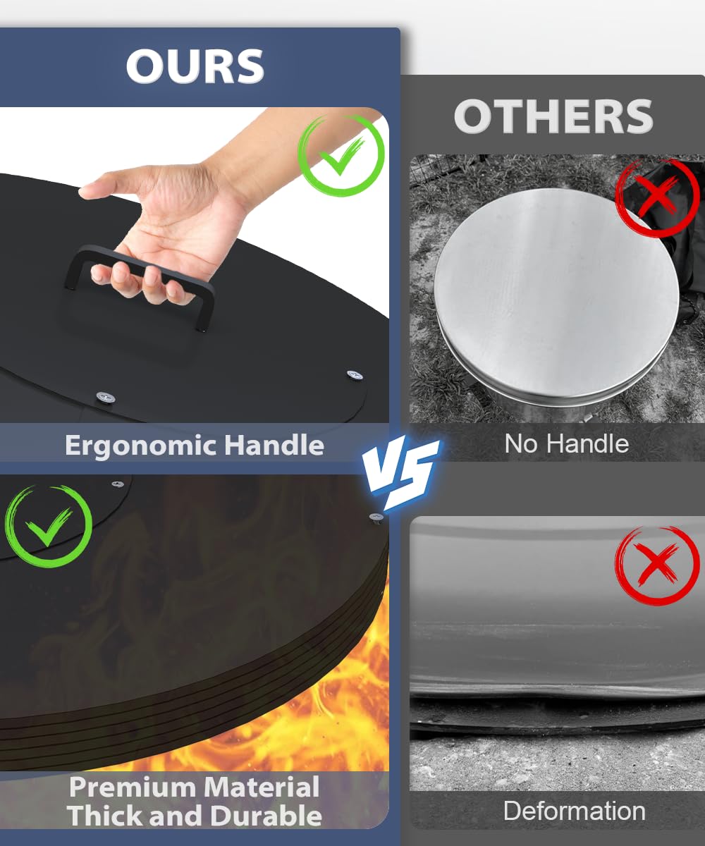 Ardier lid shedding rain and leaves, protects fire pit from weather damage