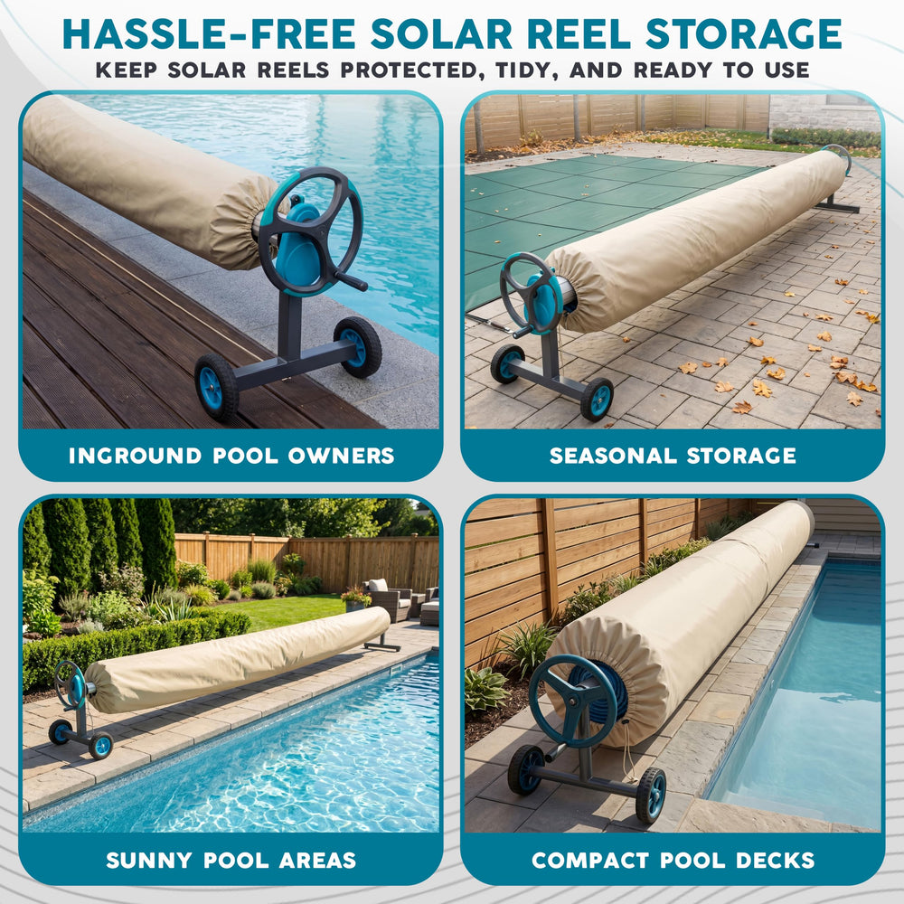 ARDILA VEELA installed on pool reel demonstrating protective fit over rolled solar blanket