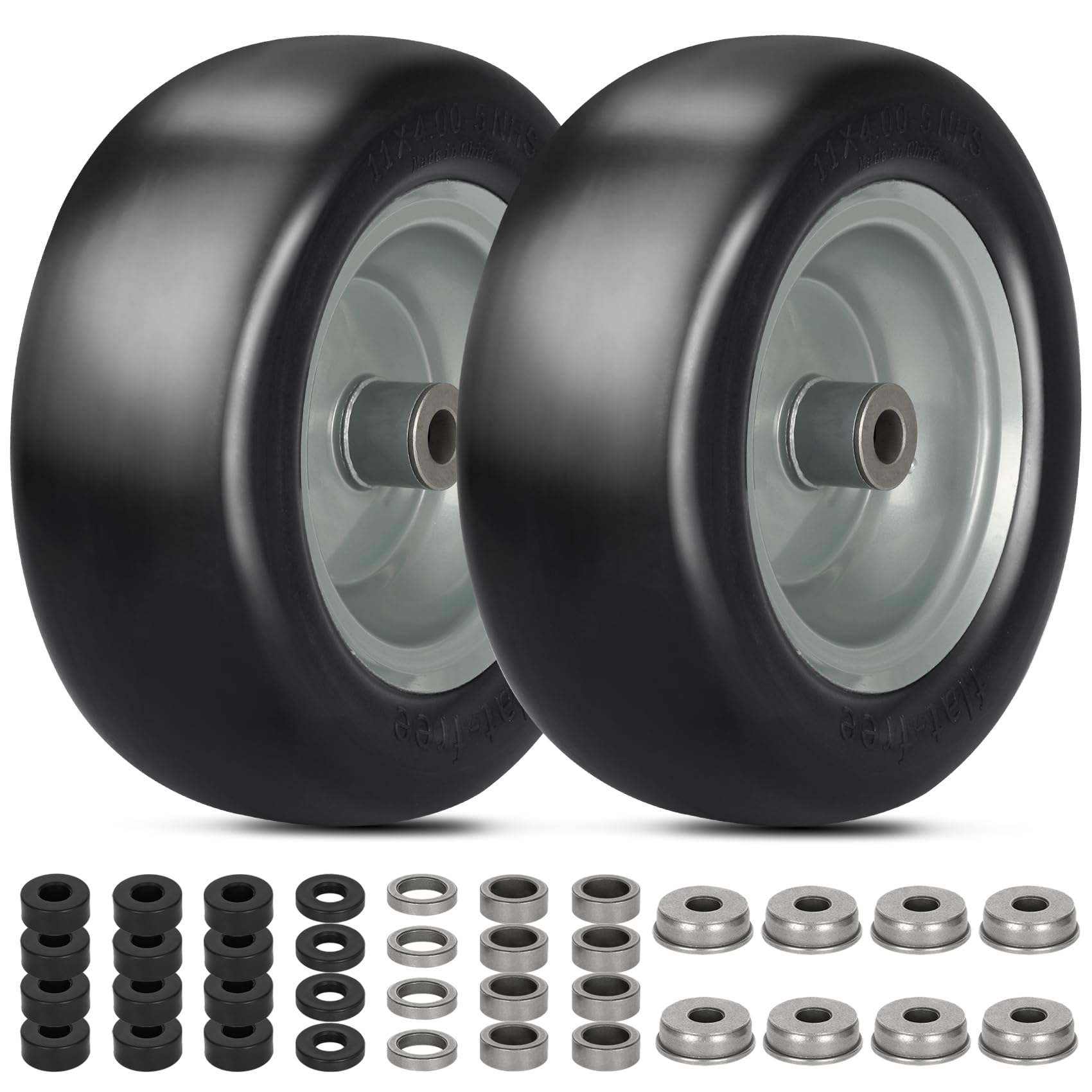 Aremae front view of two tires showing complete wheel assembly and reliability