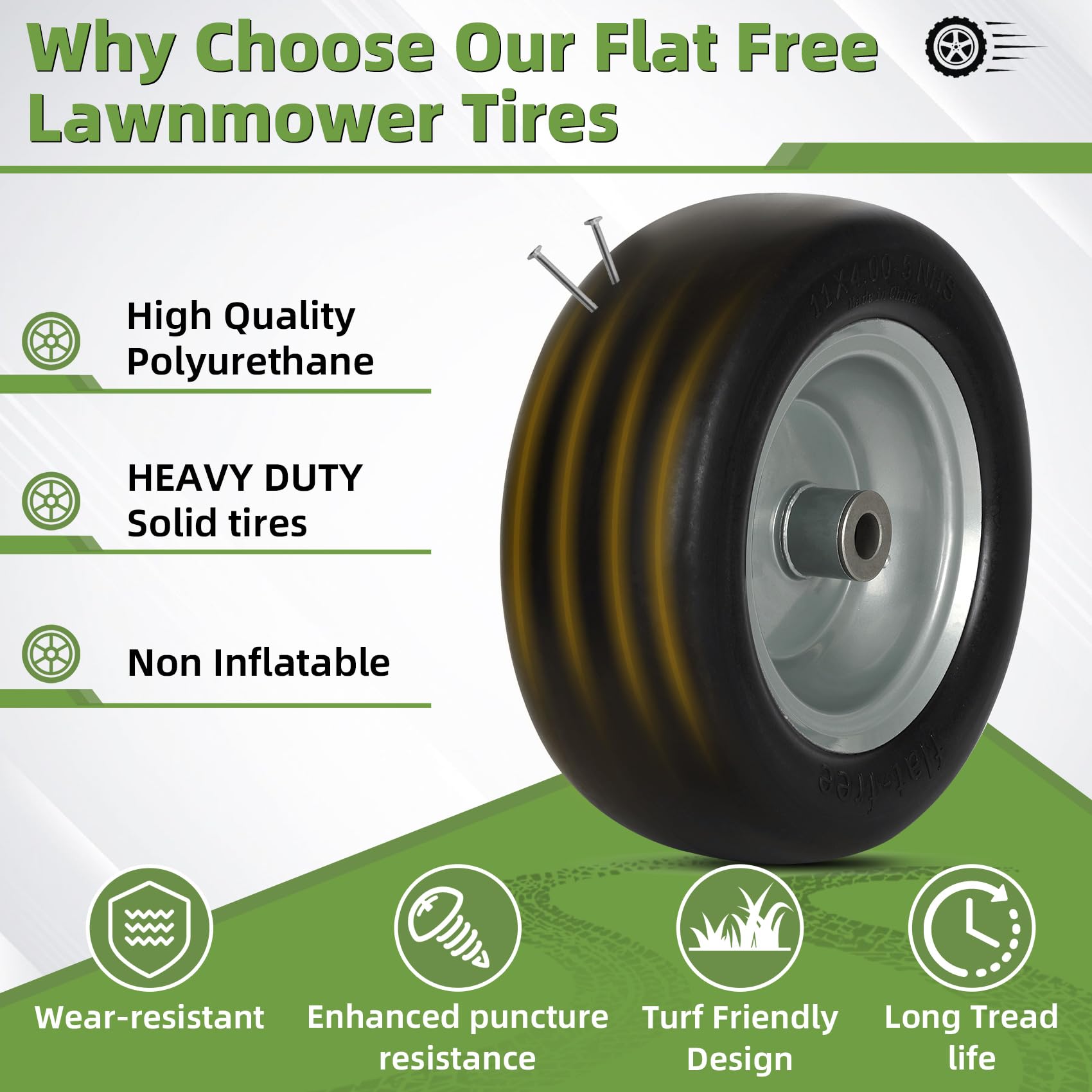 Aremae tire installed on a zero-turn mower demonstrating puncture-free use