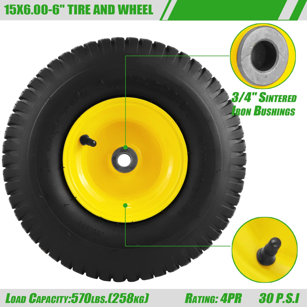 Aremae tire beside coin for scale showing compact size and suitability for mowers