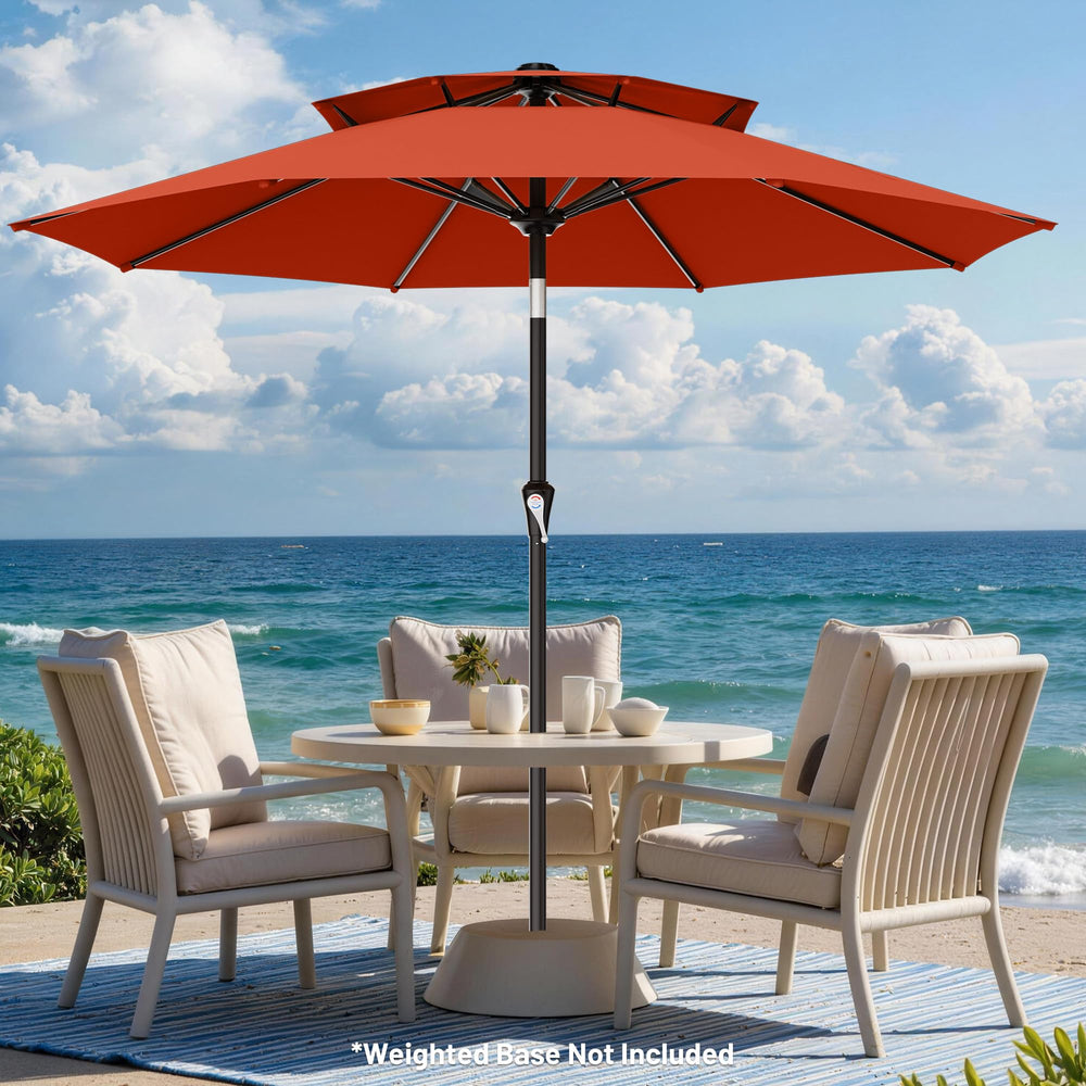 AreShark umbrella over patio dining scene creating comfortable shaded seating
