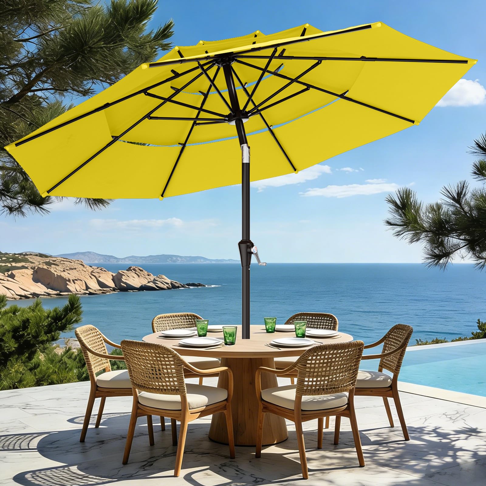 AreShark umbrella in poolside scene adding shade and relaxed atmosphere