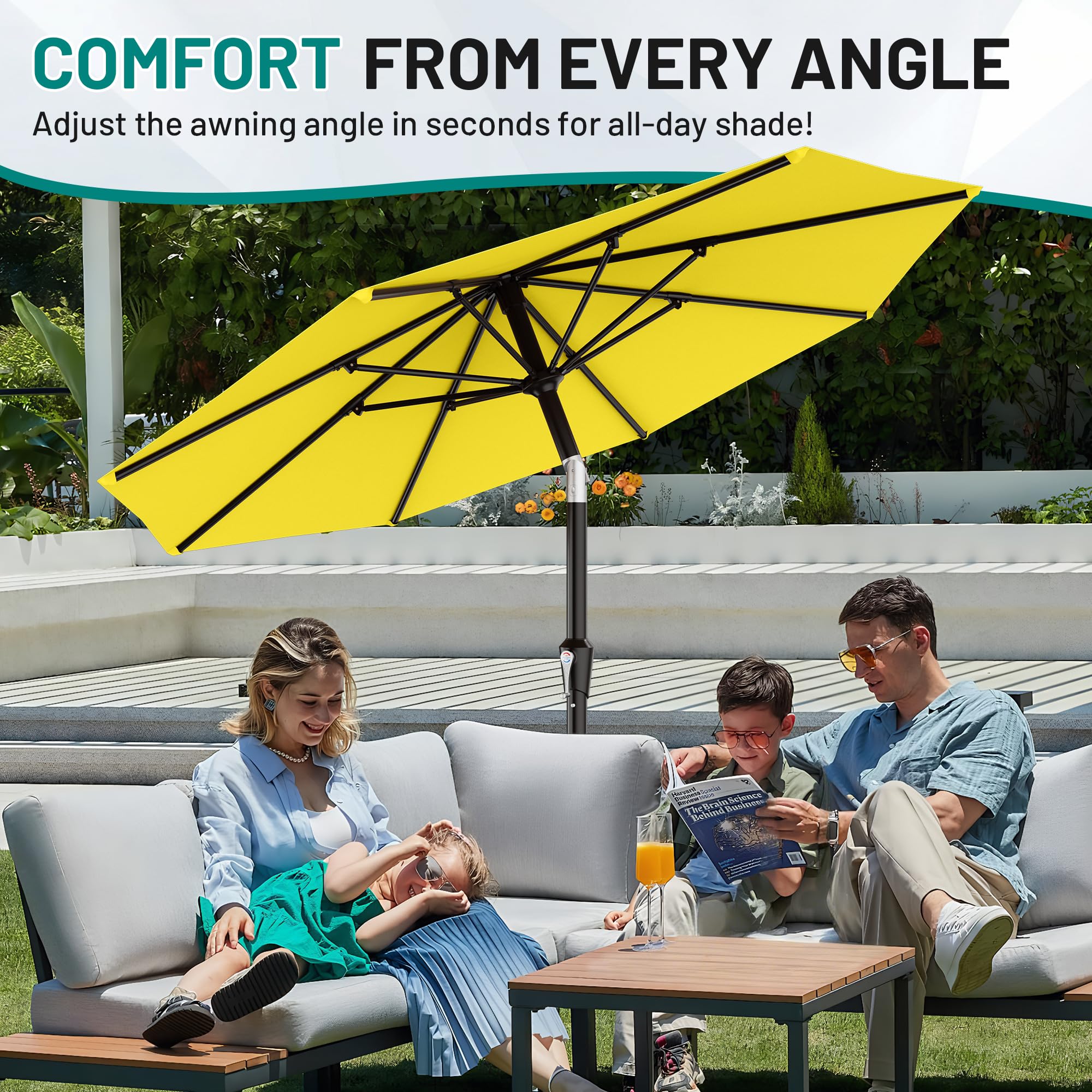 AreShark umbrella beside table showing 10 ft scale for coverage clarity and seating capacity benefit