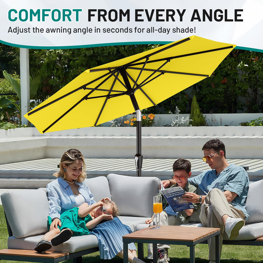AreShark umbrella beside table showing 10 ft scale for coverage clarity and seating capacity benefit
