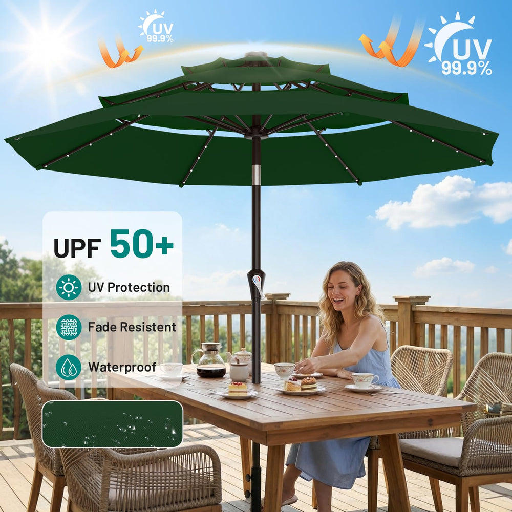 AreShark umbrella next to dining table showing coverage and scale benefit