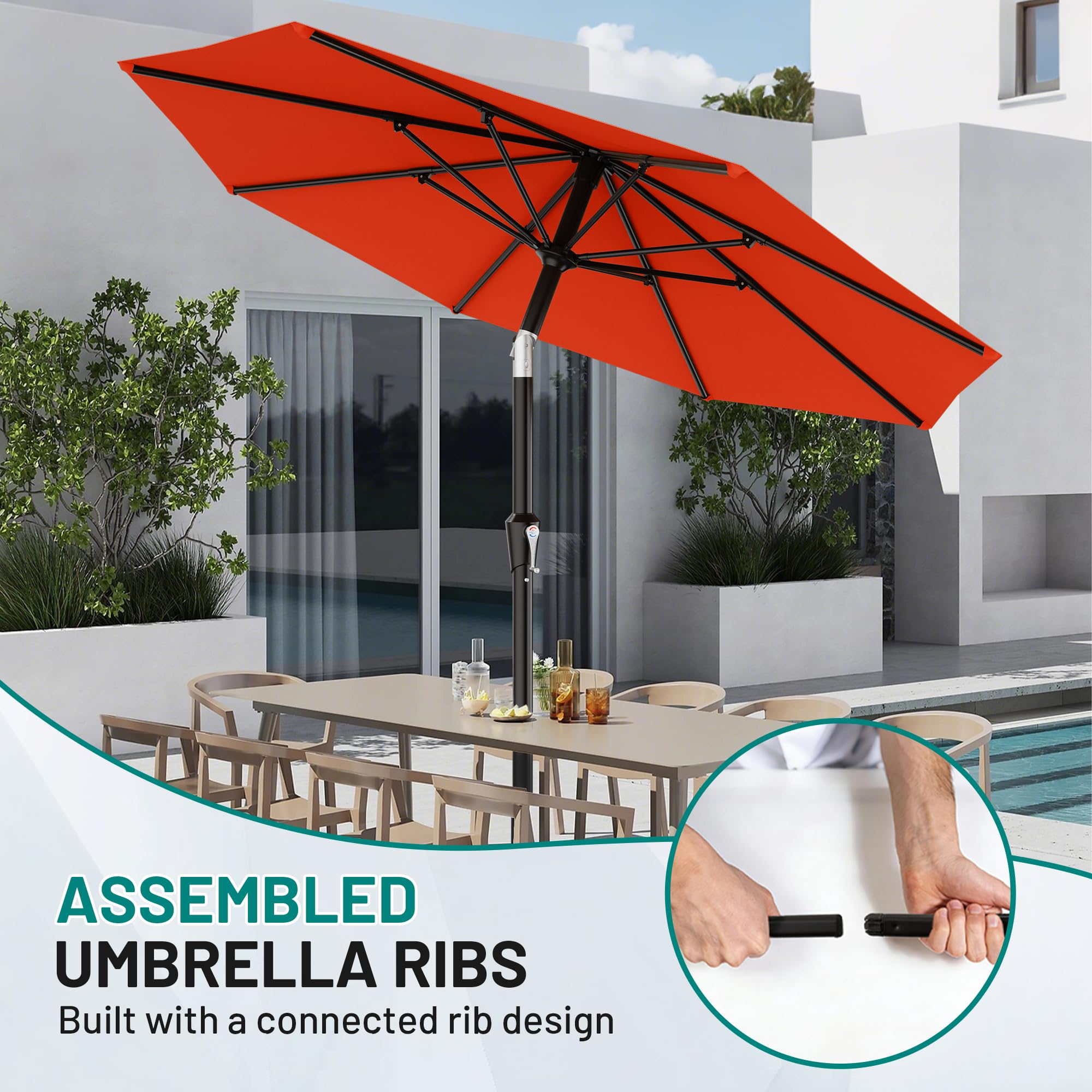 AreShark umbrella beside chairs showing 10 ft coverage and scale benefit