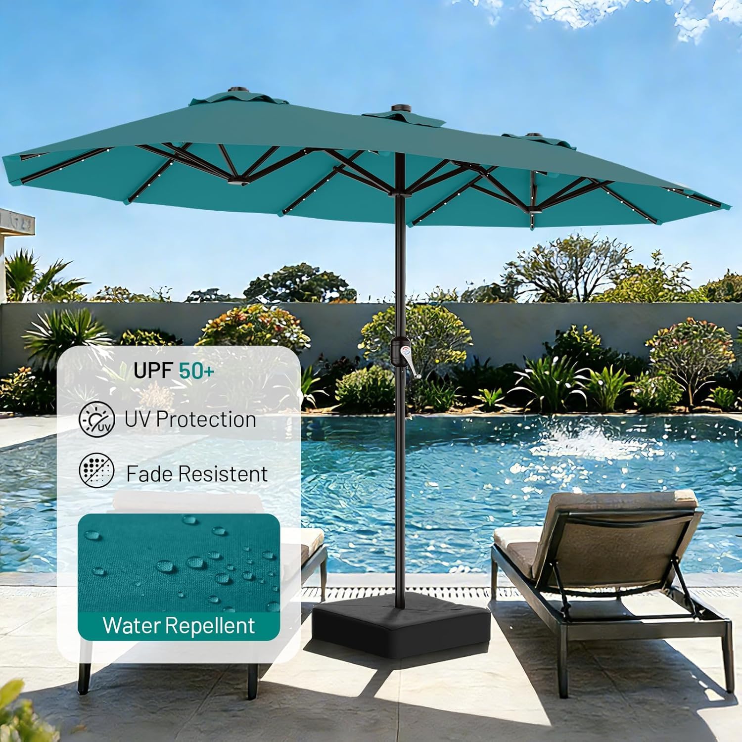 AreShark umbrella over patio table showing scale and seating capacity for 4–6 people