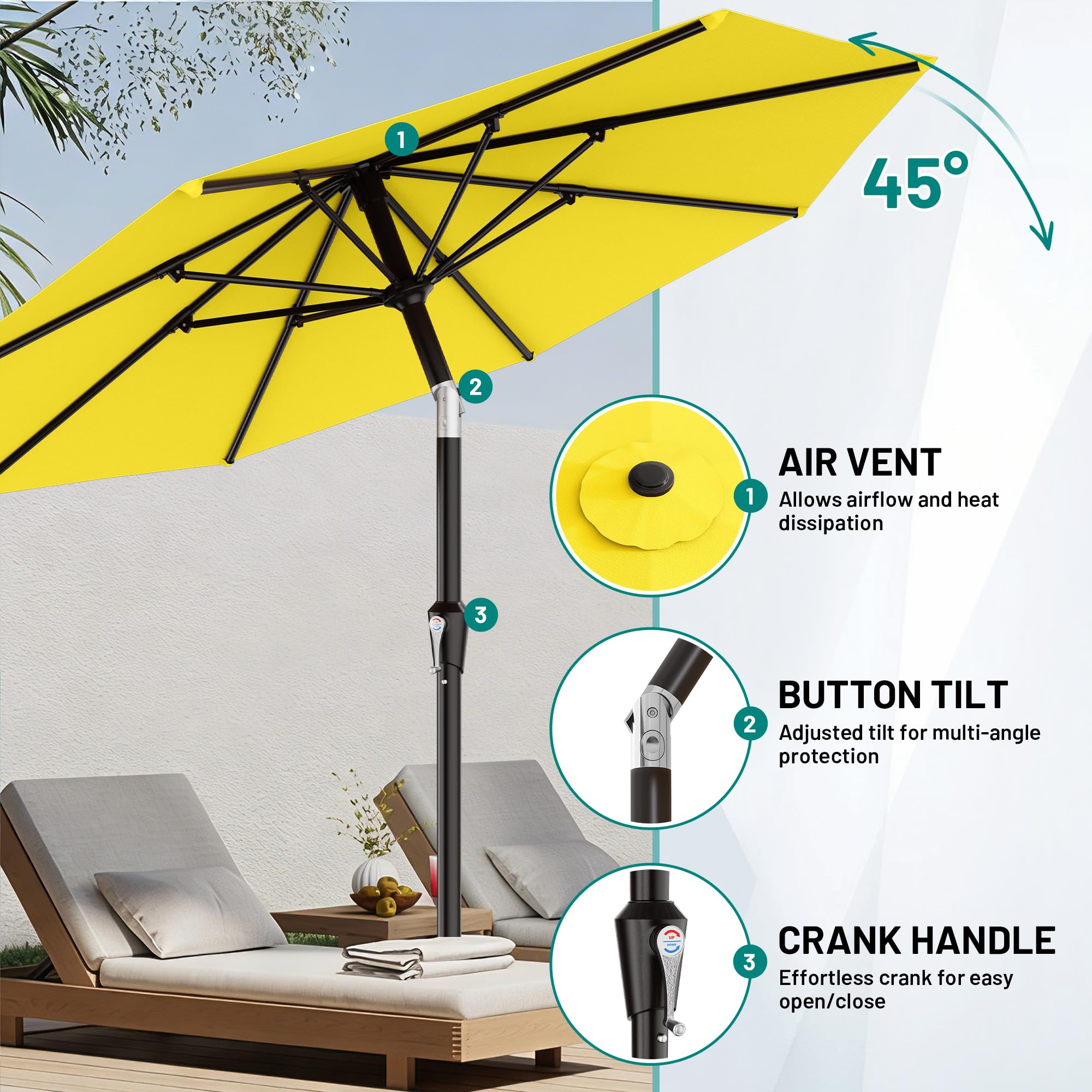 AreShark push‑button tilt detail illustrating adjustable angle for targeted shade benefit