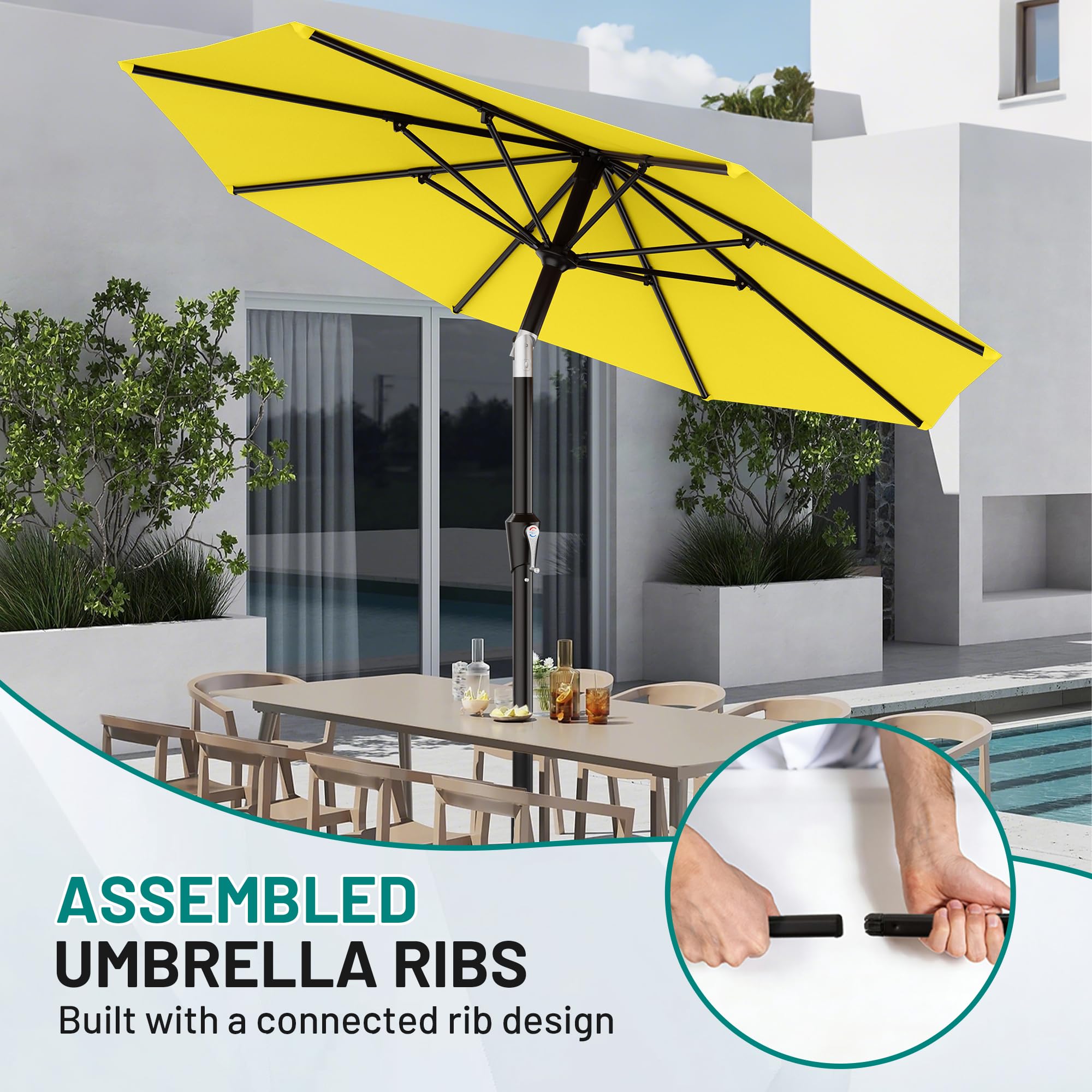 AreShark umbrella in patio setting shading table and chairs to create comfortable outdoor living benefit