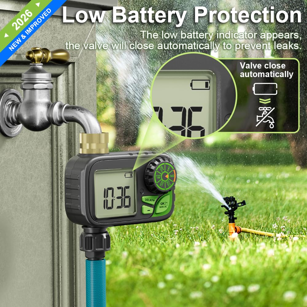 ARFSKY timer mounted on outdoor faucet watering lawn demonstrating practical use