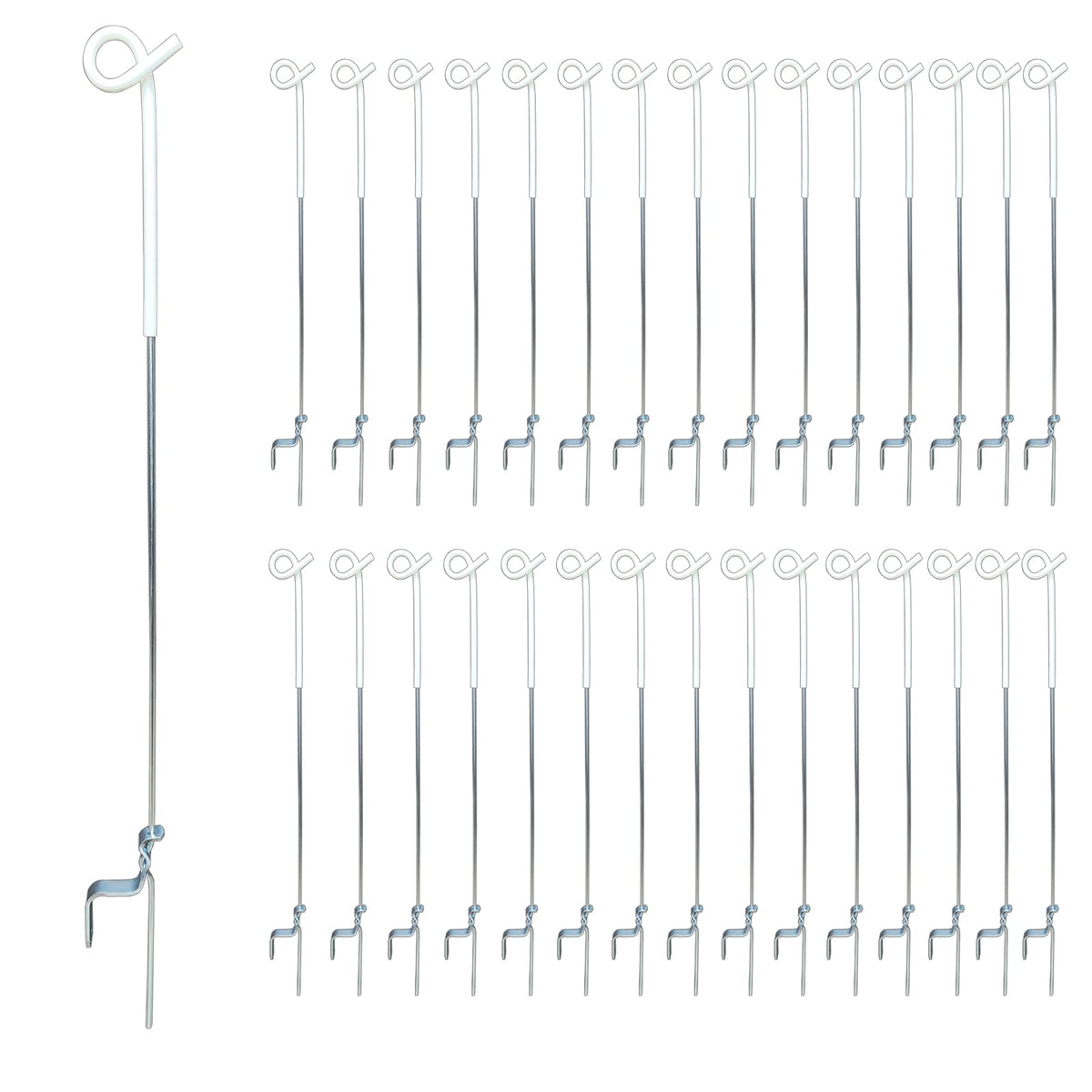 ARIFARO front view of 30-pack white step-in posts showing ready-to-use convenience