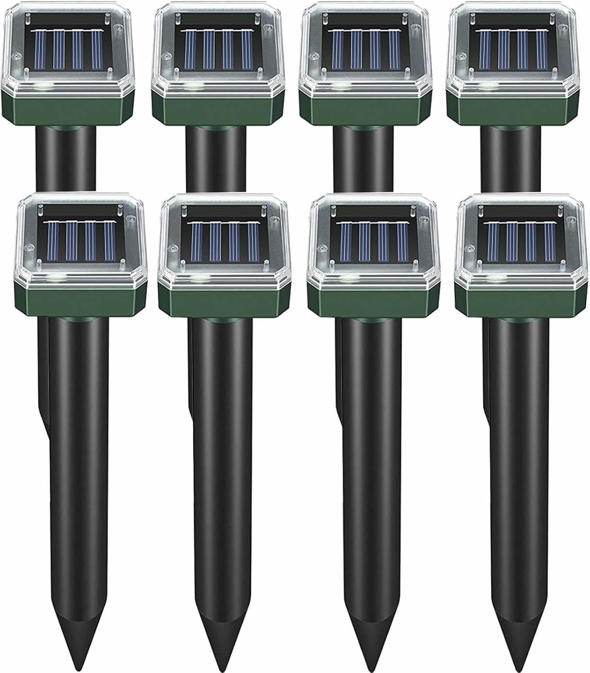 Ariie front view of eight solar ultrasonic stakes showing pack and stakes benefits protection