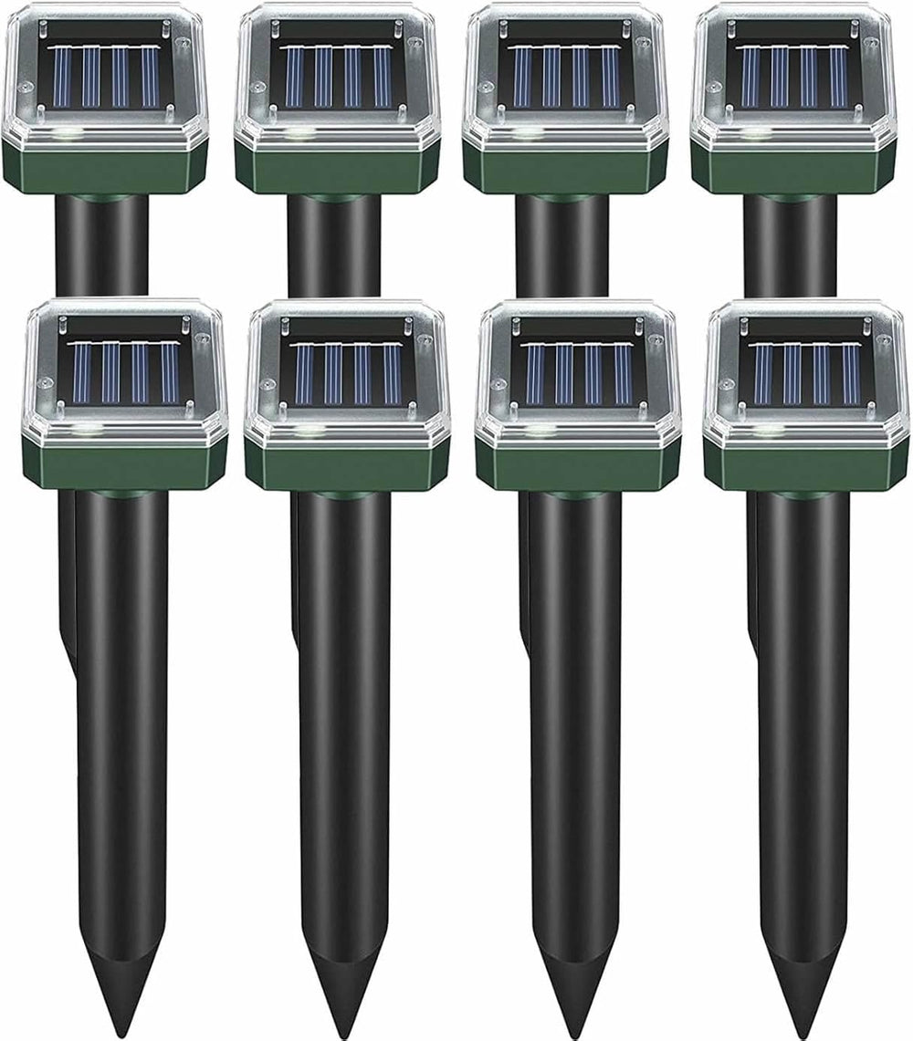 Ariie front view of eight solar ultrasonic stakes showing pack and stakes benefits protection