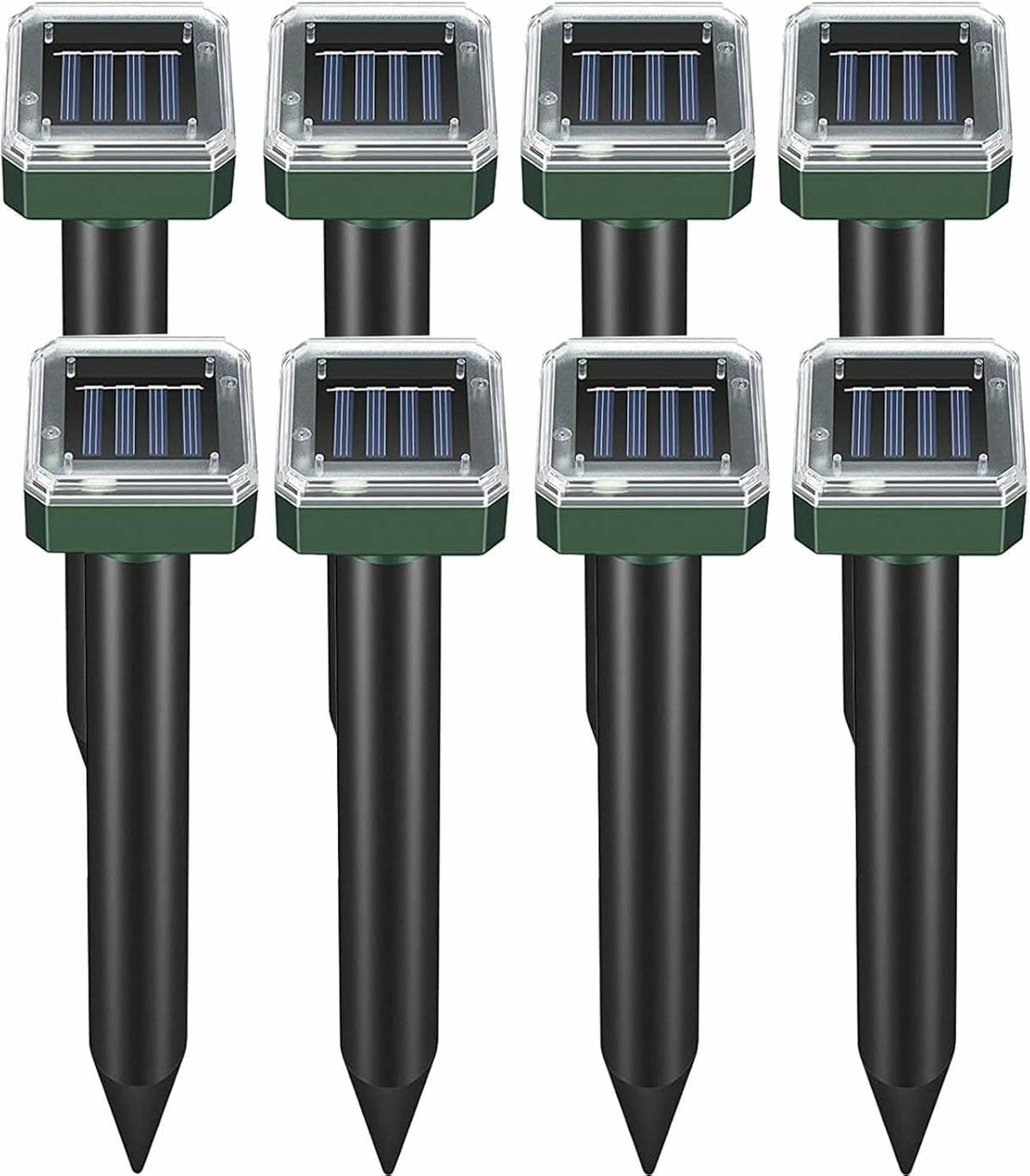 Ariie front view of eight solar ultrasonic stakes showing pack and stakes benefits protection