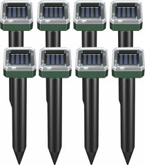 Ariie front view of eight solar ultrasonic stakes showing pack and stakes benefits protection
