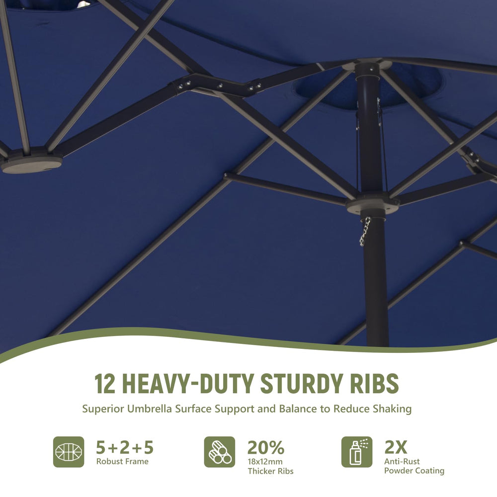 Ariiles in-use patio dining setup showing broad shade over a long table for comfort