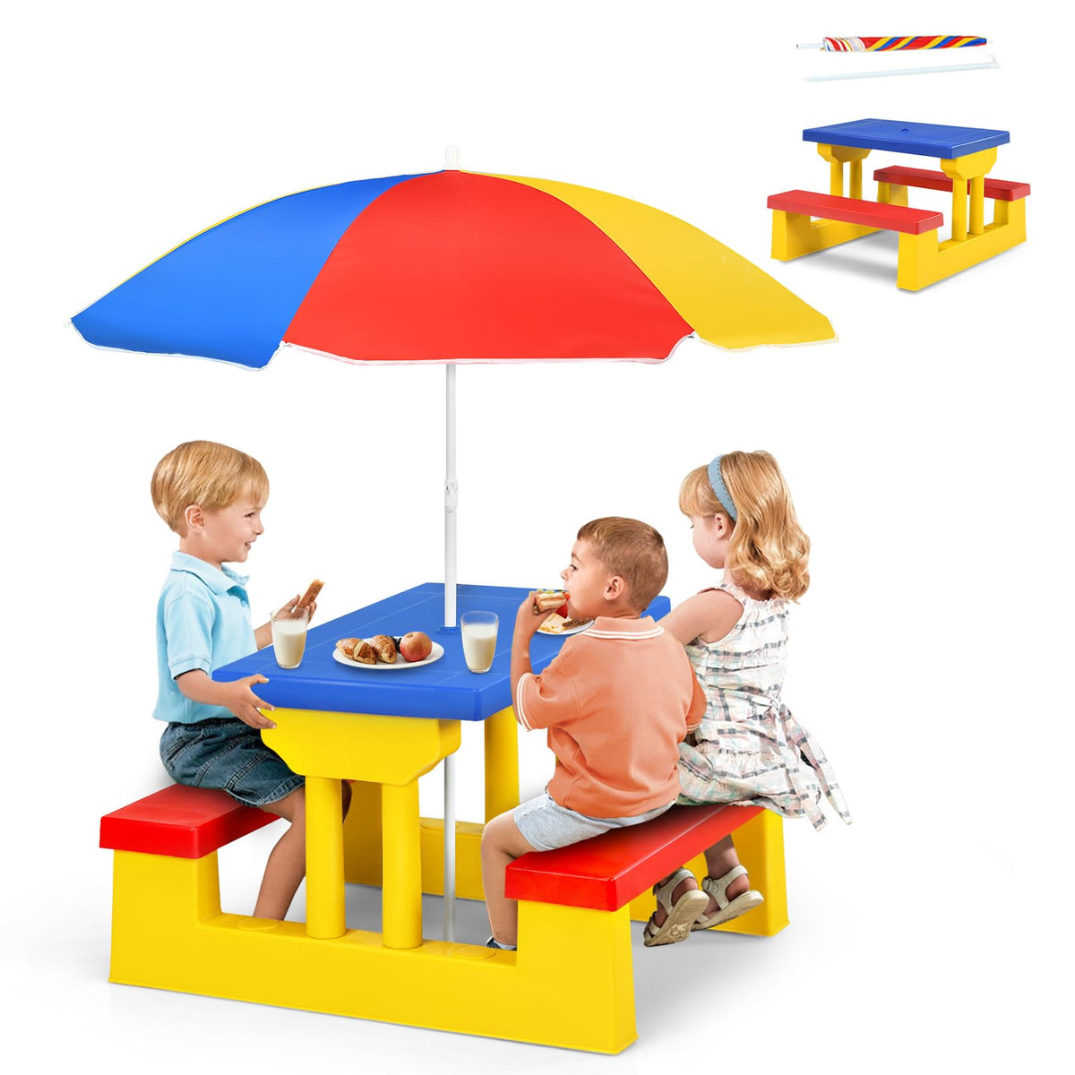 ARLIME front view of colorful kids picnic table showing seating and tabletop benefits