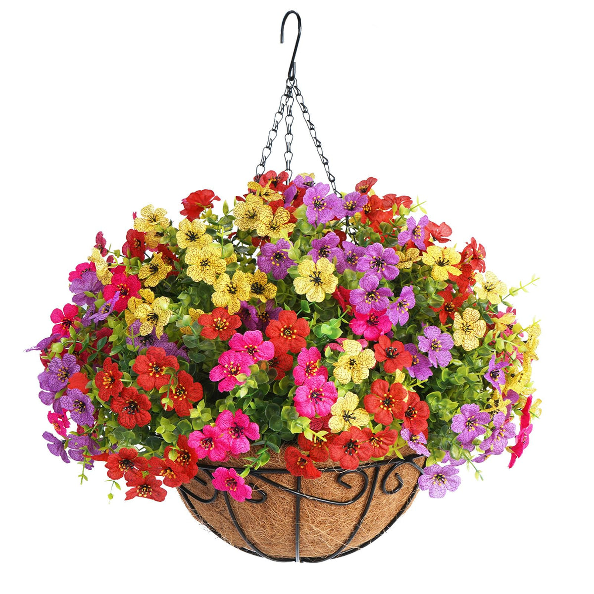 Arlinya front view of mixed-color hanging basket showing full, vibrant display
