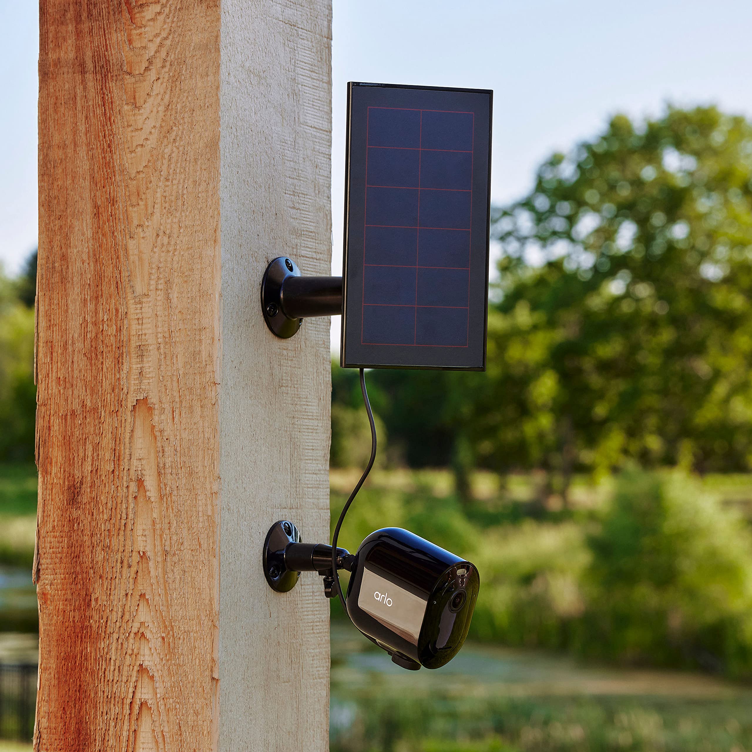 Arlo solar panel mounted next to camera demonstrating continuous power benefit