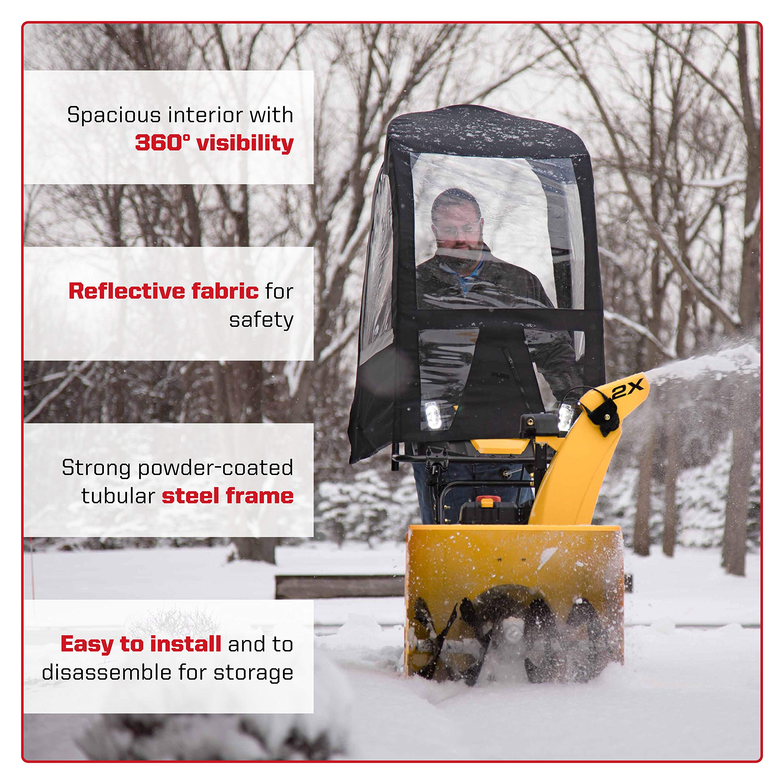 Arnold cab installed on a snow thrower side view demonstrating easy fit and operation