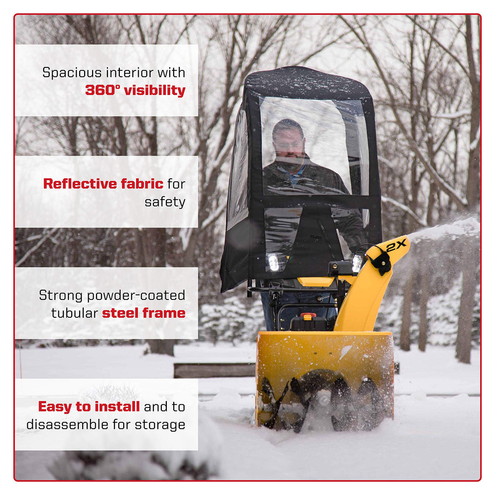 Arnold cab installed on a snow thrower side view demonstrating easy fit and operation
