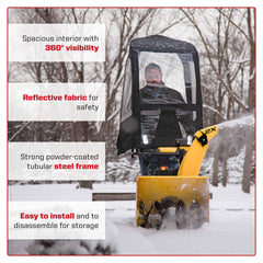 Arnold cab installed on a snow thrower side view demonstrating easy fit and operation