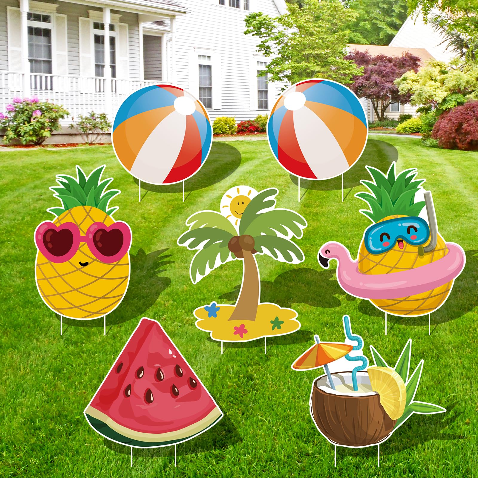 Arosche front view of seven colorful summer yard signs showing bright designs and stakes for quick setup