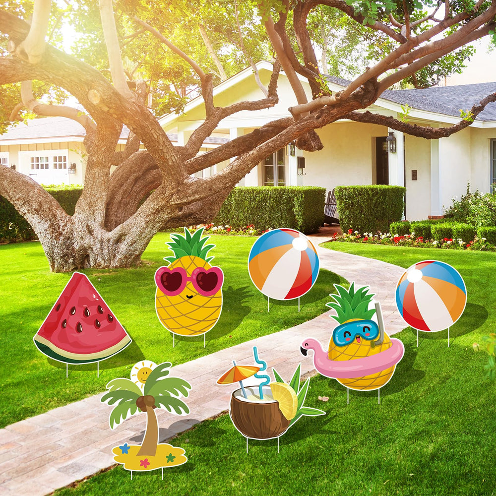 Arosche poolside styling with signs placed in sand pots to add summer decoration and party charm