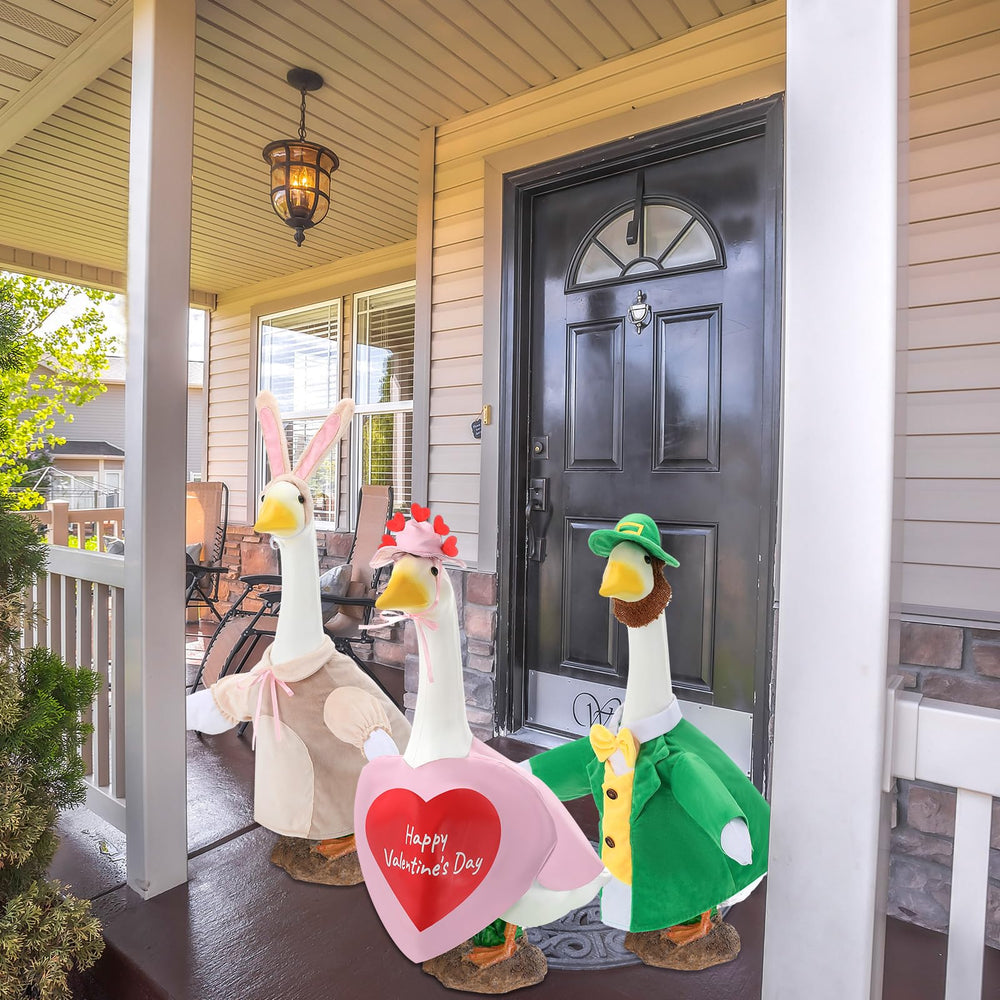 Arrowbash goose wearing outfit on porch demonstrating seasonal curb appeal and easy display