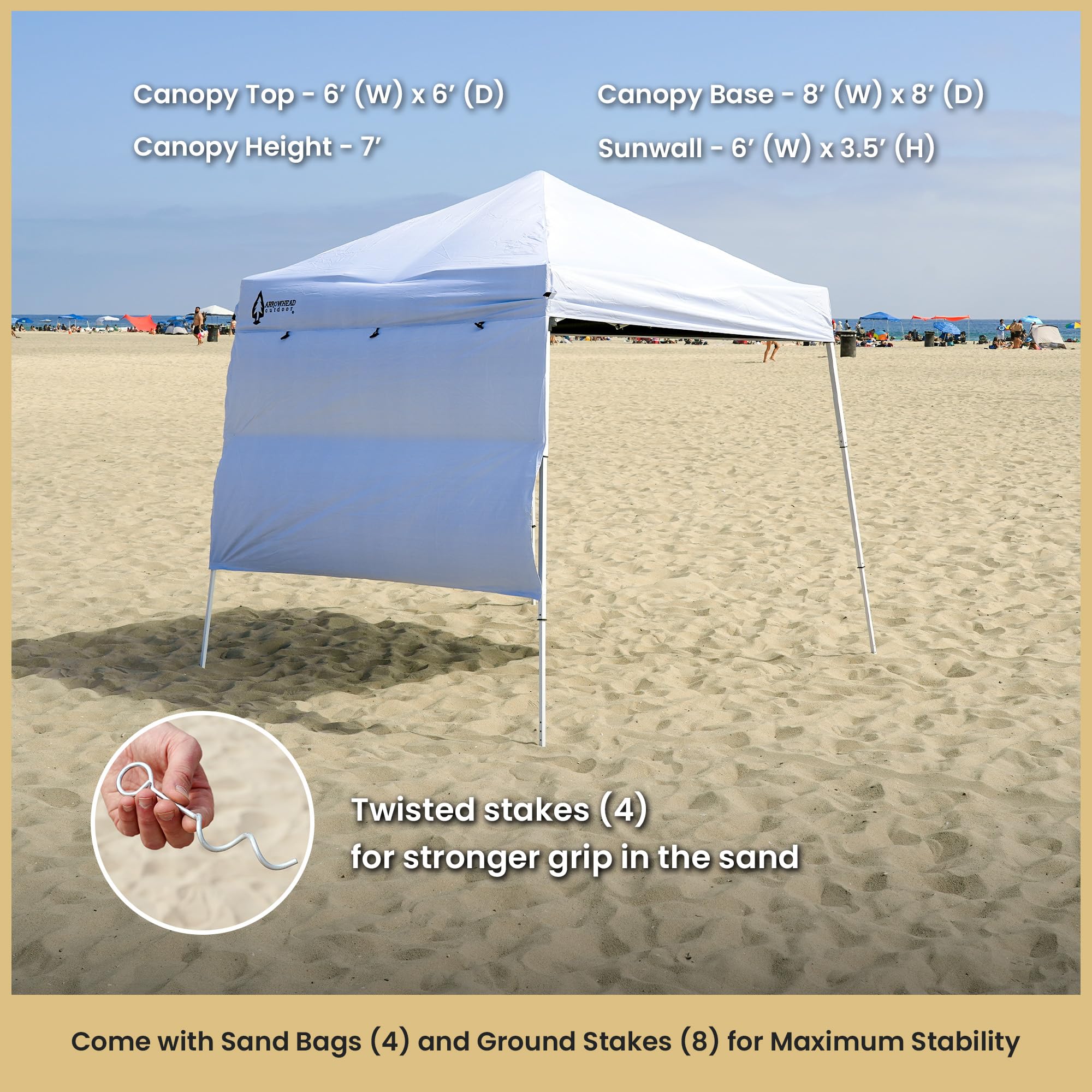 ARROWHEAD OUTDOOR canopy set up on a beach illustrating portable shade for families