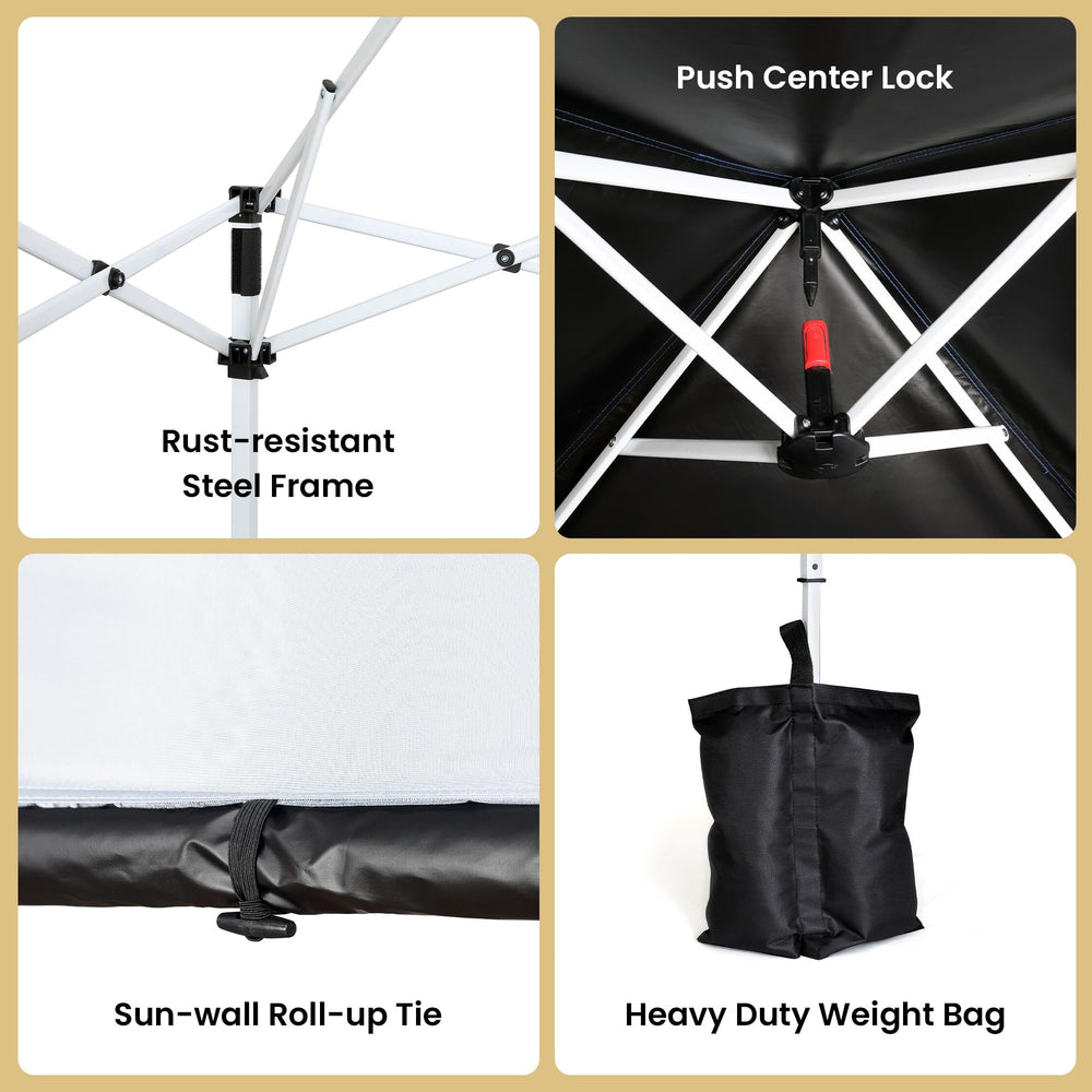 ARROWHEAD OUTDOOR canopy next to a chair showing 6x6 size and space-per-person clarity