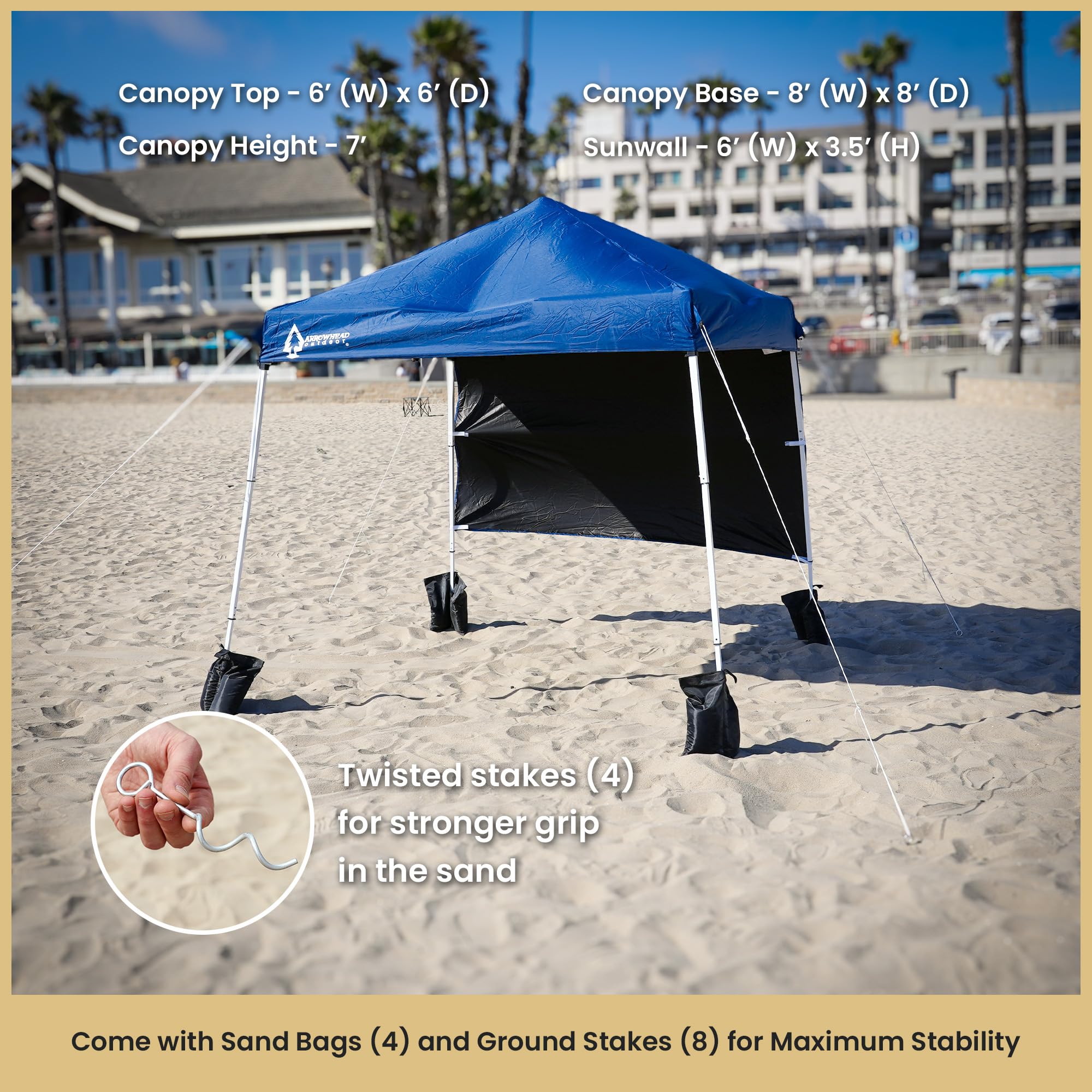 ARROWHEAD OUTDOOR canopy in use at beach providing instant family shade