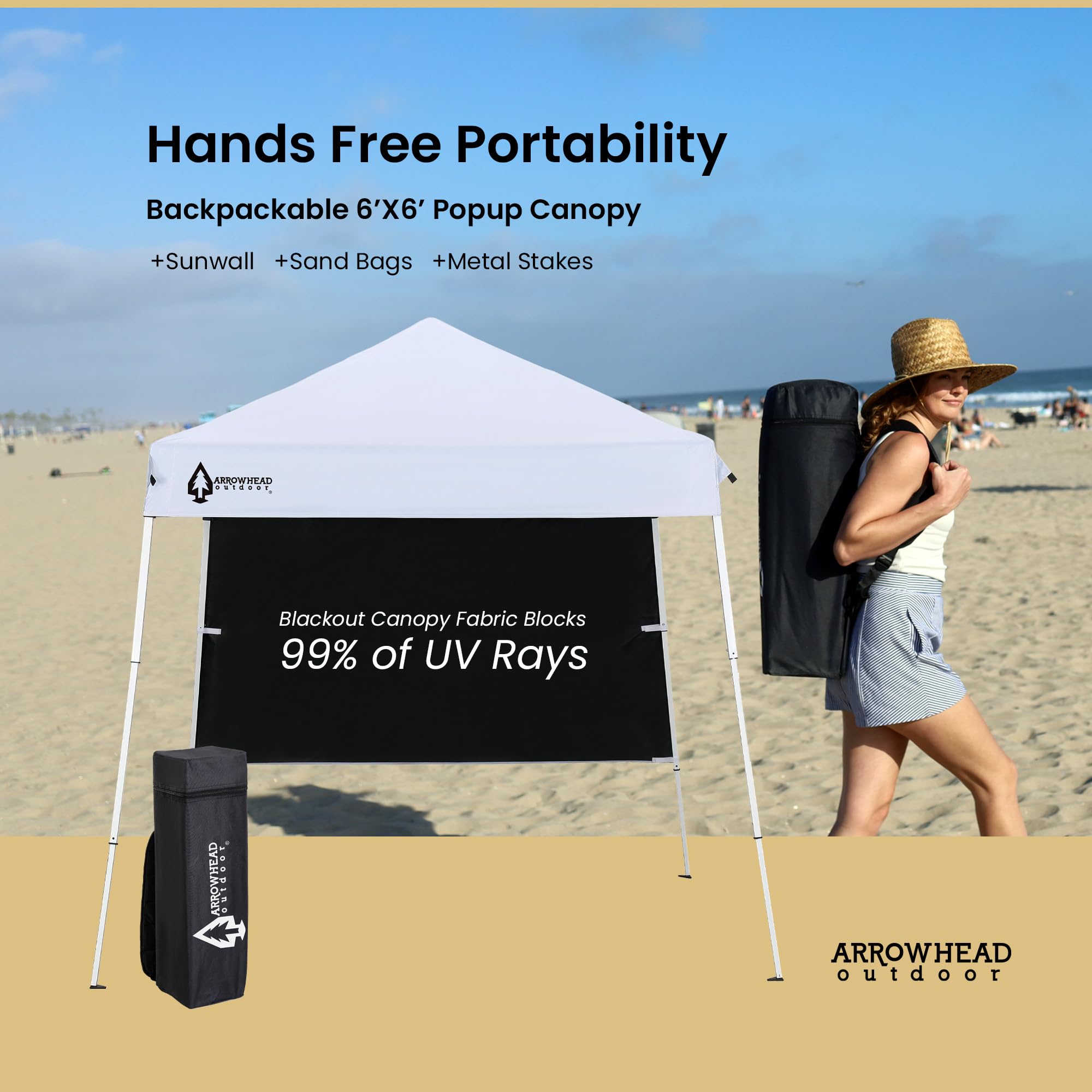 ARROWHEAD OUTDOOR side view with roll-up sunwall for added privacy and shade