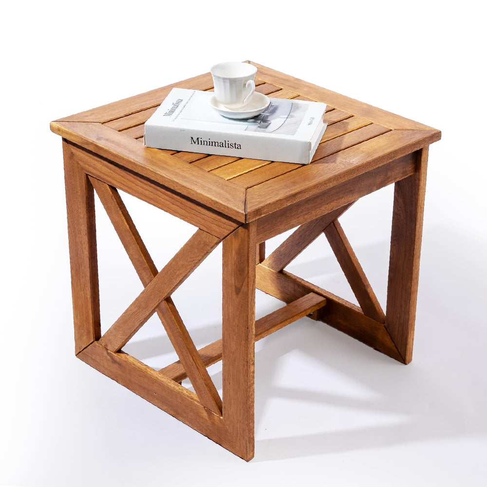 ARROWSTONE front view of small acacia side table showing compact benefit