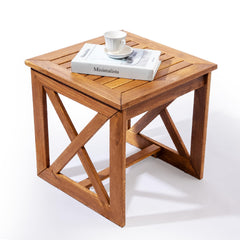 ARROWSTONE front view of small acacia side table showing compact benefit