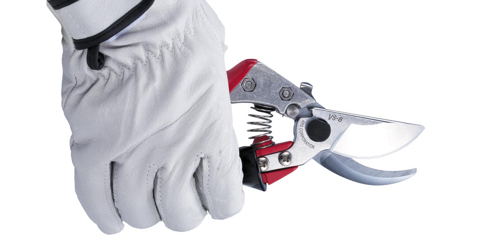 Gardener using ARS HP-VS8R cutting stems with one hand for faster, controlled pruning