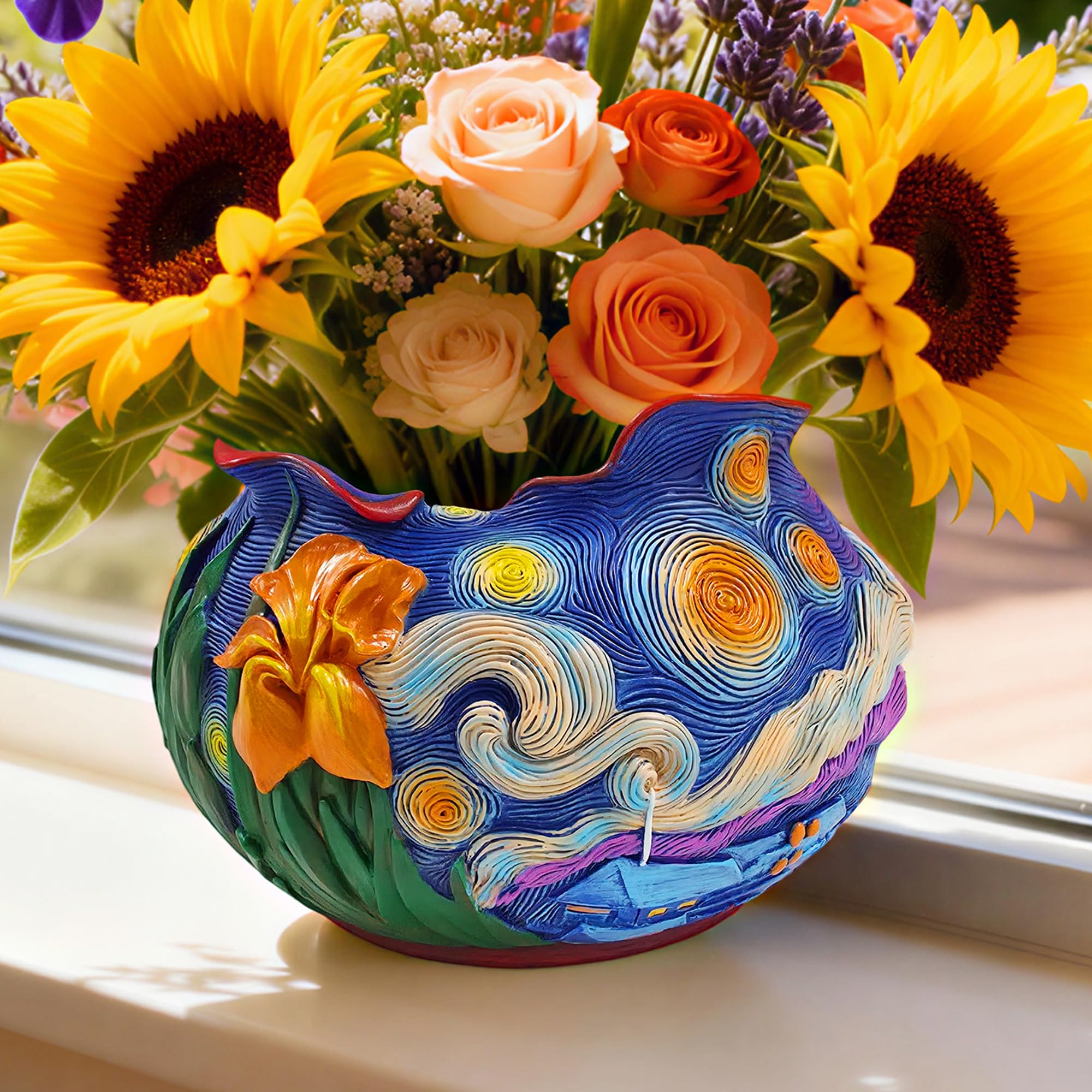 ArtCachet front view of starry sky planter showing galaxy colors and orange iris, decorative impact