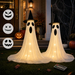 ArtCyber front view of two lighted ghosts providing eye-catching yard décor