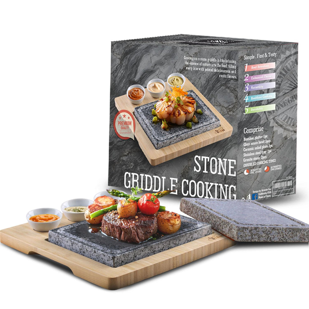 Artestia front view showing full hot steak stone set and serving tray benefit presentation