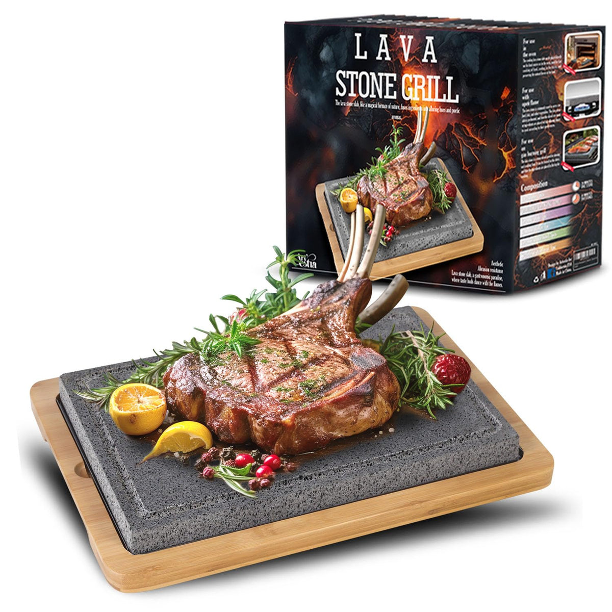 Artestia front view on bamboo tray showing elegant tabletop grilling setup